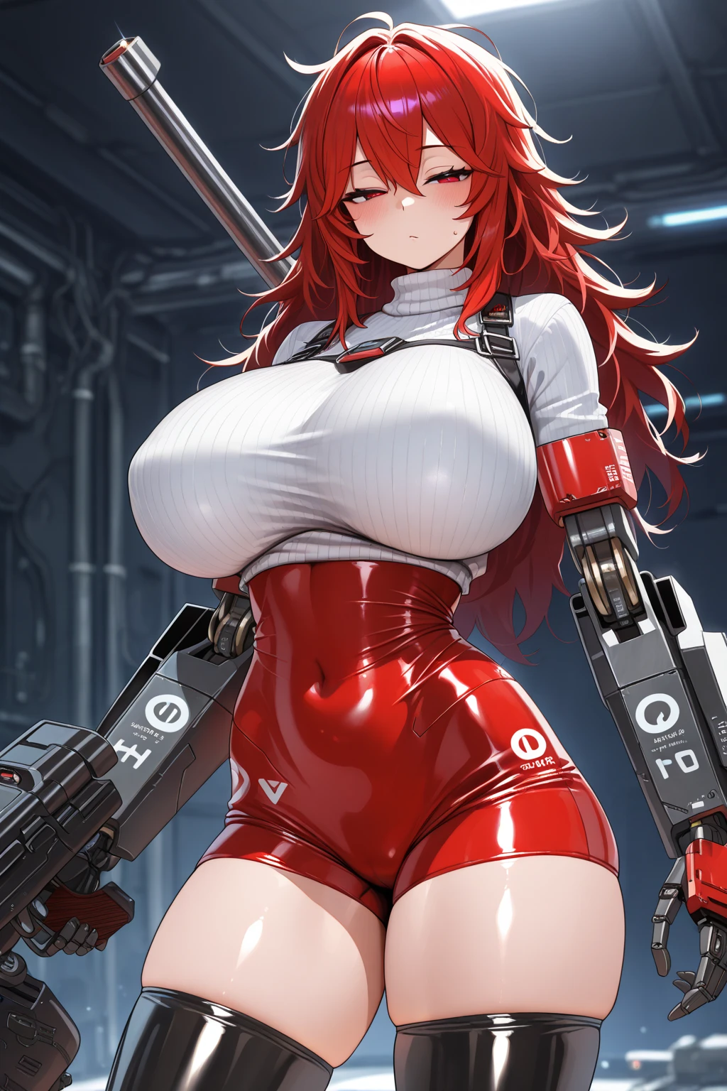 8k, masterpiece, extreme details, expressive bg, expressive clothing, expressive hair, expressive eyes, 1female, large breast, ponytail hair, red eyes, blank expression, cyborg body, robot skin, electronics skin, electric wires going out of body, exposed navel, exposed thighs, exposed cleavage, full body, robotic heels, machine body, factory bg, abandoned, cobwebs bg, rust bg, dust and noise filter, scattered papers, trash, filth, rust, machine world, futuristic, dystopia