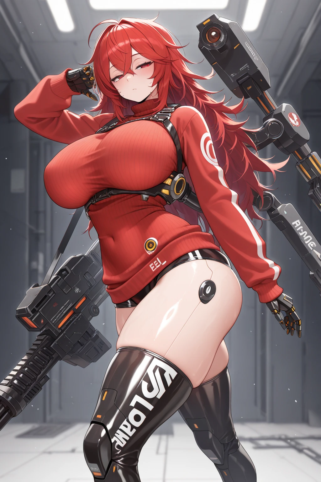 girl,big breasts,Bikini Tops,hot pants,gloves,smile,boots,Knee-high socks,full body Shot,hand pistol,