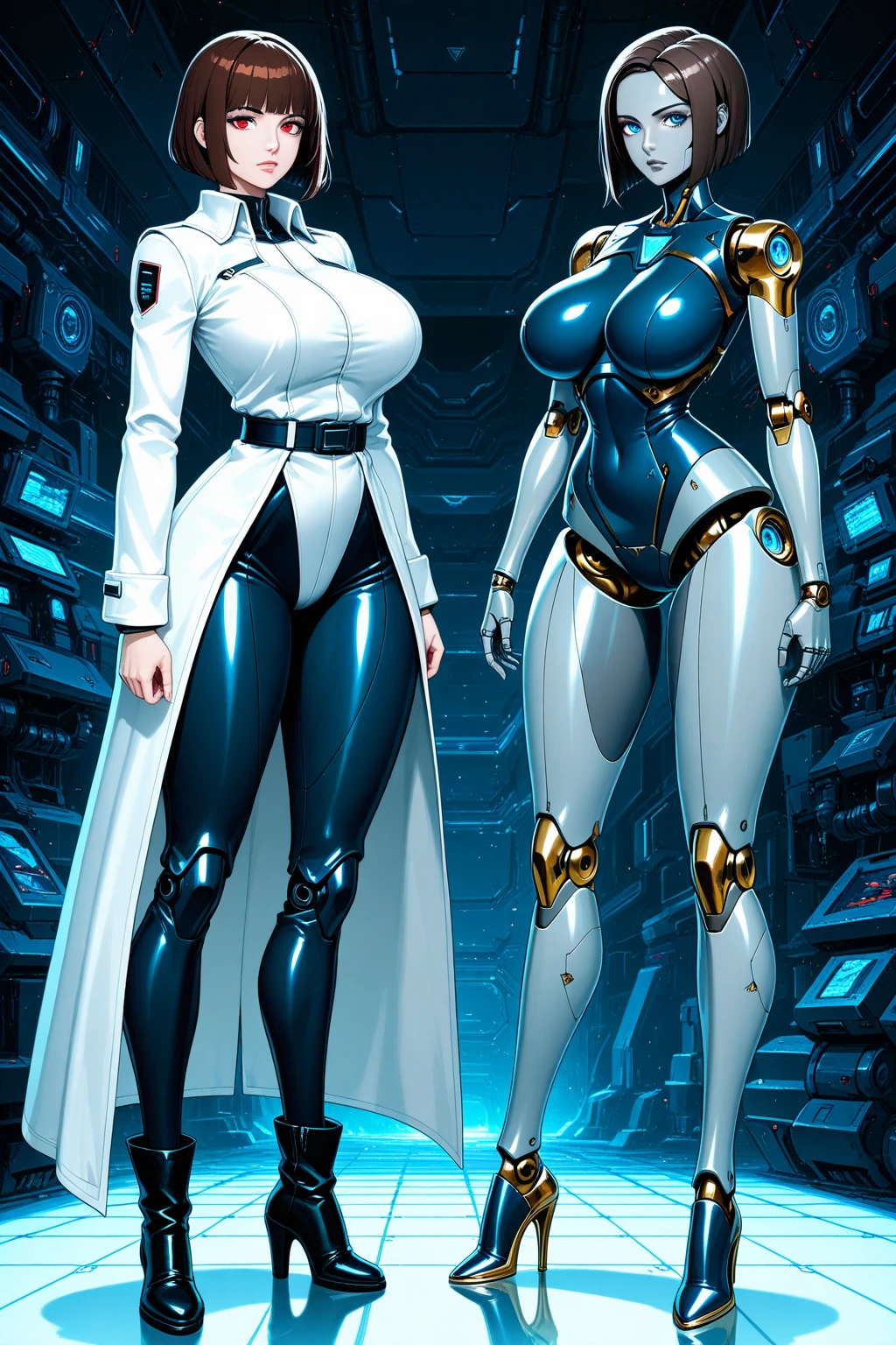 Two women who have been transformed into robots by an evil organization Standing side by side Face covered with a mechanical mask Identical mechanical body Mechanical limbs The whole body is mirror-finished, UHD, retina, masterpiece, accurate, anatomically correct, textured skin, super detail, high details, high quality, award winning, best quality, highres
