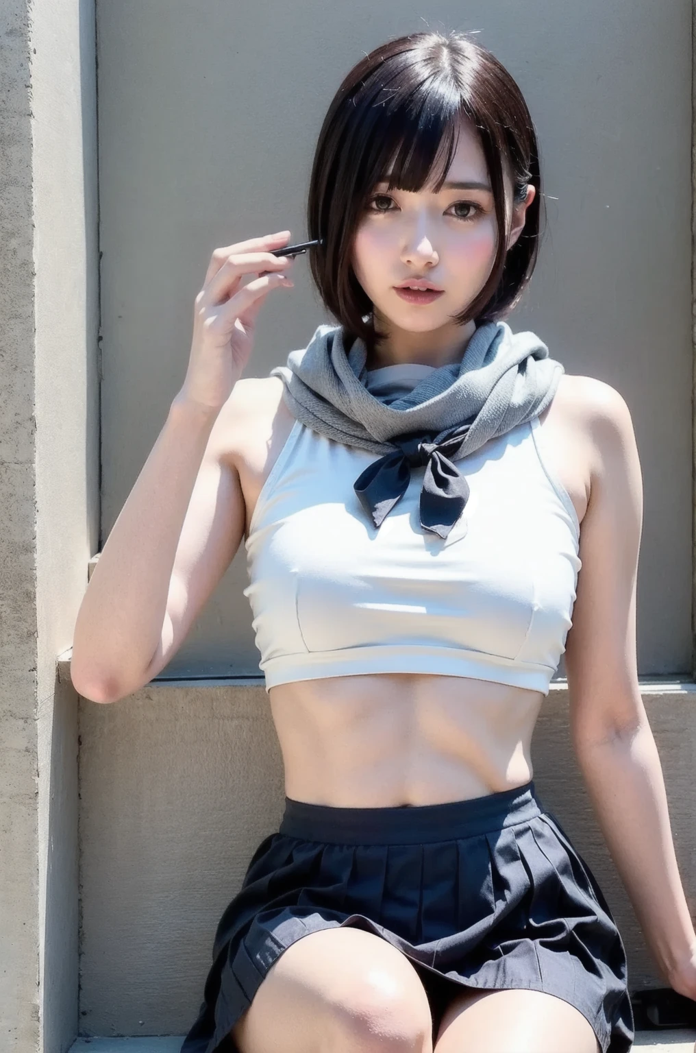 (Super Definition CG Unified 8k Wallpaper), (​masterpiece), (Top image quality), (ultra-definition), (Best Illustration), (Best Shadow), (Realism:1.4), 1 female on the road, KPOP Idol, (short-haired:1.5), 鎖骨, middlebreast、Tight and viscous two-piece、Skirt swaying in the wind