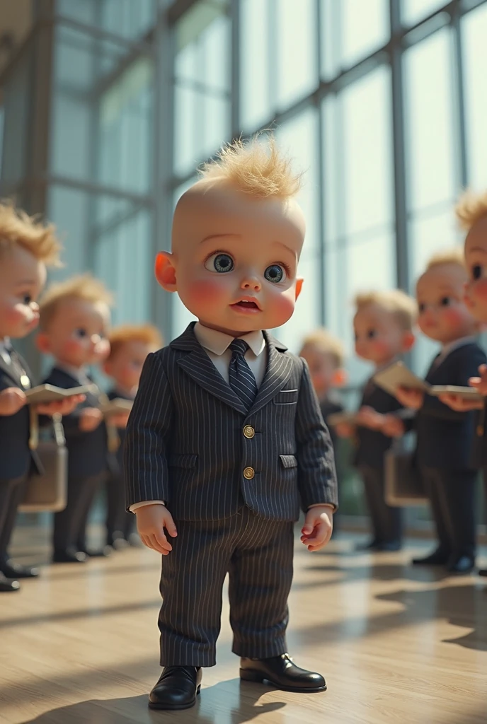 Cute baby with very big head funny wearing a muscular business suit in a realistic full body fashion show