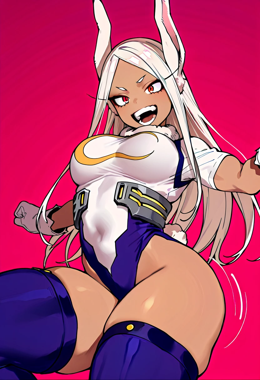 fighting,
crazy, angry smile, screaming, open mouth, Open legs wide, spread legs, Clench your fist, Dynamic Angle, rapid punches,
Rumi Usagiyama, long hair, animal ears, white hair, rabbit ears, dark-skinned female, muscular,
rabbit girl, muscular female, (red eyes:1.5), (parted bangs:1.5), (complete anatomy),
High resolution,Sharp focus,(Super detailed,Very detailed),(Very detailed CG unity 8k wallpaper),(((Vibrant colors))),{best illustration},
Complex eyes,Beautiful Eyes,Symmetrical eyes,Big eyes:1.5,Seductive eyes, (((dark skin,dark_skin,lustrous skin:1.5,bright skin: 1.5,
skin tanned, shiny skin,very shiny skin,Shiny body,plastic glitter, skin,exaggerated shiny skin,illuminated skin))),Perfect Fingers,
(Detailed body),(Detailed face)), cute,Lewd,erotic,Bold,Camel Toe,Revealing clothing,show skin,
(Huge hips:1.1),(Huge breasts, Glamour:1.2),
thigh highs, gloves, sleeveless, white gloves, leotard, turtleneck, high leg, high leg leotard, fur collar, sleeveless turtleneck,
turtleneck leotard, sleeveless turtleneck leotard, crescent print,
A row of collapsed buildings,The End of the World,rubble,Cracked asphalt,weed,There is a morning fog,deserted street,Collapsed overpass,rubbleでできた巨大な山,