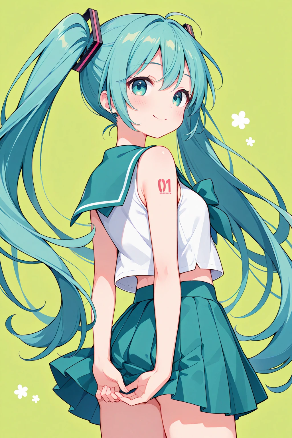 (masterpiece、highest quality、highest quality、Official Art、Beautiful and beautiful:1.2)、(One girl:1.3)Hatsune Miku、Twin tails,Big Breasts,((highest quality))(Looks like a whole body)Press your chest with both hands from behind))))My breasts are a little large、She is wearing a short red skirt and short socks..。((Slightly thicker thighs and accentuated thighs))、Thick and moist lips (Glowing Skin 1.7)(((Super close-up shot looking up from below)))(((Looks sexy)))((masterpiece)、My breasts have gotten a little bigger(1. Glowing Skin.1.4).(Background gymnastics arena、)、(14 year old boyish girl)'Face Butt、((A tight fitting brown T-shirt、 非常に短いブロンドの髪でセクシーA pose、(Mr.々A pose)