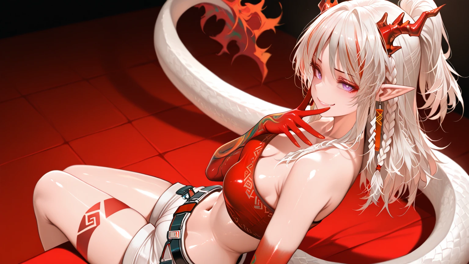 While lying in hell，火焰，Surrounded by flames，One with demon horns，The big demon with a sagging chest，Very sexy(She has pink tattoos on her stomach)，Very sexy