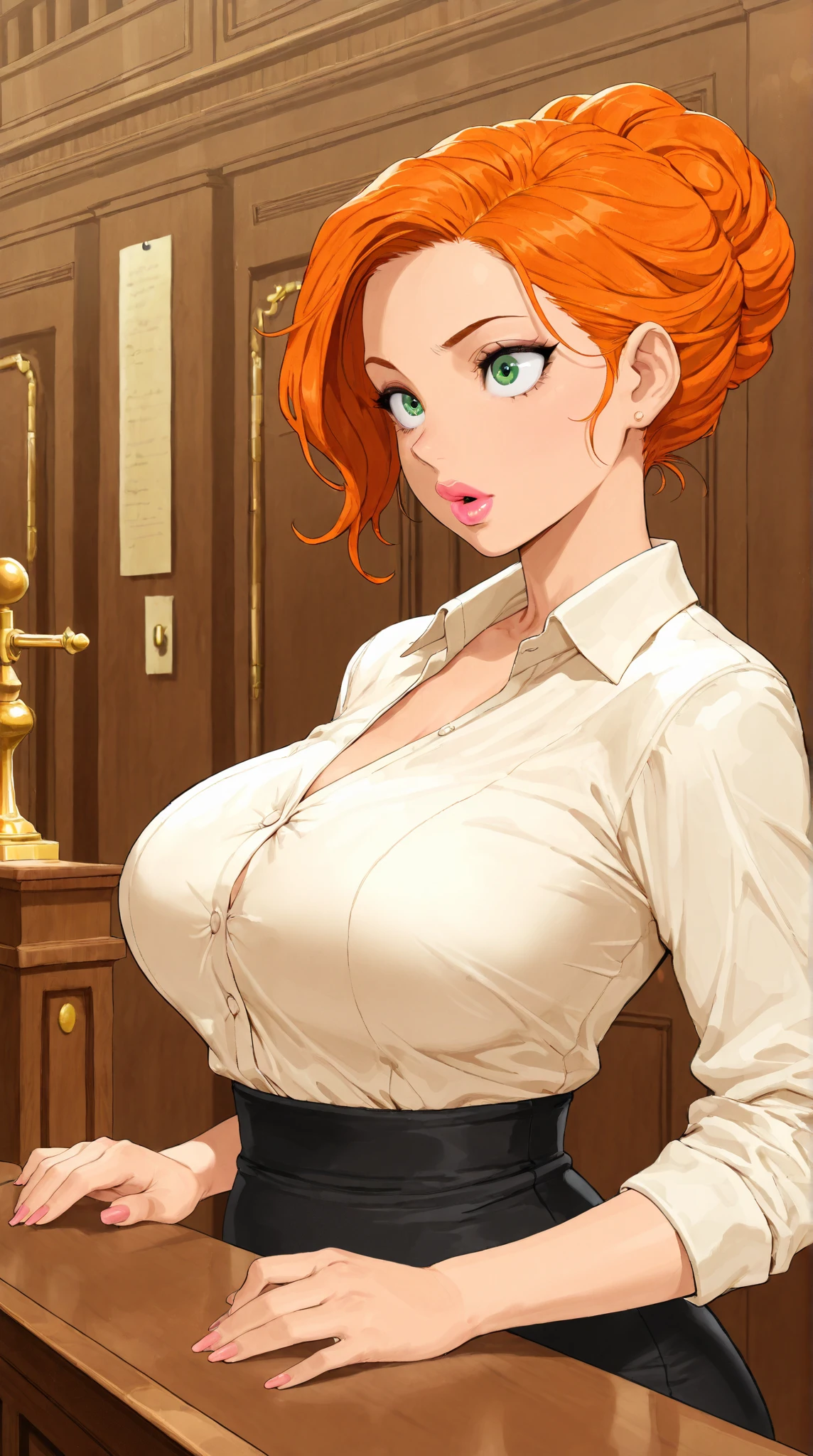 ((Masterpiece)), ((Best Quality)), Ultra High Resolution, HDR, absurderes, 8K, (1 girl), intricate details, ultra-detailed, dramatic lighting, blushing, smile, green eyes, short orange hair, bob hair, (wearing a white shirt, black skirt), in a office, gorgeous girl, large breasts, gorgeous body, glossy skin, vivid colors, detailed illustration, detail background, shy, feminine, professional artwork, fit thighs, cleavage, close up