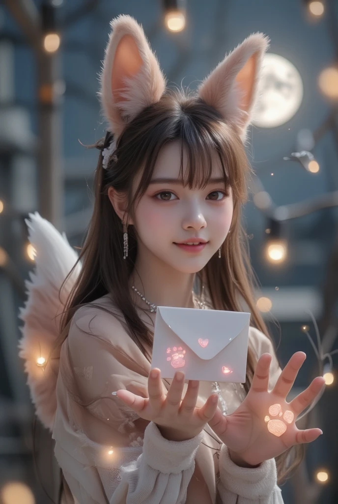 She held out an envelope with a heart and fox paw prints drawn on it with both hands. ((Night, full moon))), (((profile))), side view, from side,  ((5 fingers)), ((anatomically correct)), smile, laughing, squinting, happy, (((open mouth))), (masterpiece:1.3), (8K, Realistic, RAW Photos, Best image quality: 1.4), Live Action, 8K, Realistic, RAW Photos, Best image quality: 1.4), RAW Photos, Highest quality, Realistic, Cinematic Light, solo, 1 girl, brown hair, smile, fox costume, fine tail, fur boots, knee-high socks, BREAK cosplay, masterpiece, best quality, jima, Hands, Hand, beautiful woman, perfect body, (intricate details:1.1), beautiful detailed, beautiful hair, 1girl, japanese, blush, ((five fingers)), Anatomically correct, Single-lens reflex camera, RAW Photos, Highest quality, realistic , Written boundary depth, Lens flare, very detailed, best quality, Japanese, ((Pupil details:1.6)), ((ultra high density skin)), 