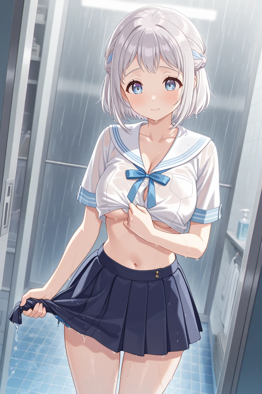 Anime illustration、High resolution、smile、A busty, chubby, lewd high school girl shows off her sexuality in the shower room while wearing a hoodie over her dress shirt、Bow ribbon tie、mini skirt、Clothes are wet and see-through、Perfect proportions、Cowboy Shot、Plump thighs、Sharp Eyes、Sweaty