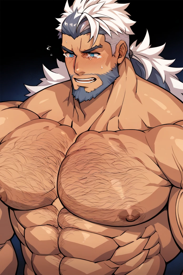 1boy, (very tall man:1.5), sidepec, (mazjojo:0.3), (nikism:0.2), (hitenmaru:0.5), (wolf_con_f:0.8), muscular male, muscular, bara, solo, thick neck, long neck, looking to the side, mature male, short hair, (beard stubble:1.8), (beard:1.5), undercut, stubble, white_hair, spiked_hair, yellow eyes, parted lips, white background, simple background, best quality, amazing quality, best aesthetic, absurdres, year 2023, big muscle, strong waist, huge biceps, huge pectorals, very tall, thick thigh, large hands, hyper muscle, brown skin, abs, nsfw, huge penis, cum, projectile cum, naked, nude, steam sweat, (hairy:1.5), girthy penis, (sparse chest hair:1.5), strongman waist, erection, long penis, thick penis, hand_on_penis, masturbation, penis_grab, sitting, (thick eyebrows:1.5), forest, blue sky, mj manga, (cute_face:2), (:3:1.7), :q