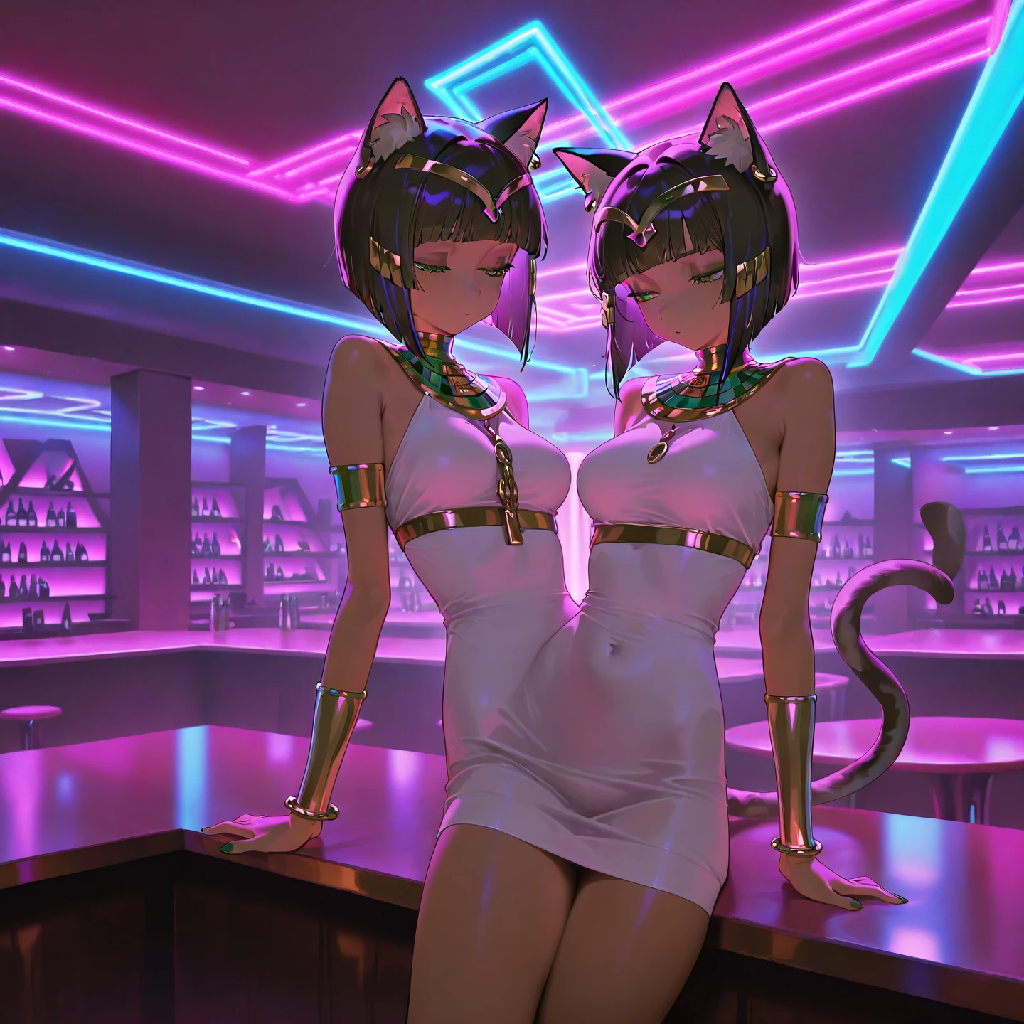 Anime style catgirl, skinny, purple ears, purple fox tail, medium short purple hair, anime style catgirl, skim tan, skinny, brown ears, poofy brown tail, longer brown hair, taking a selfie with eachother