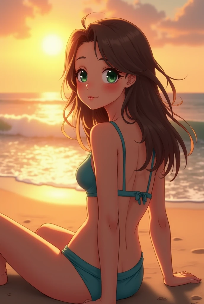 sksbrooke person, sksbrooke, (masterpiece:1.2), (best quality:1.2), perfect eyes, perfect face, 1girl, solo, brown eyes, (medium breasts), perky breasts, yellow stripe bandeau top and Brazilian bottom, beach background, smiling