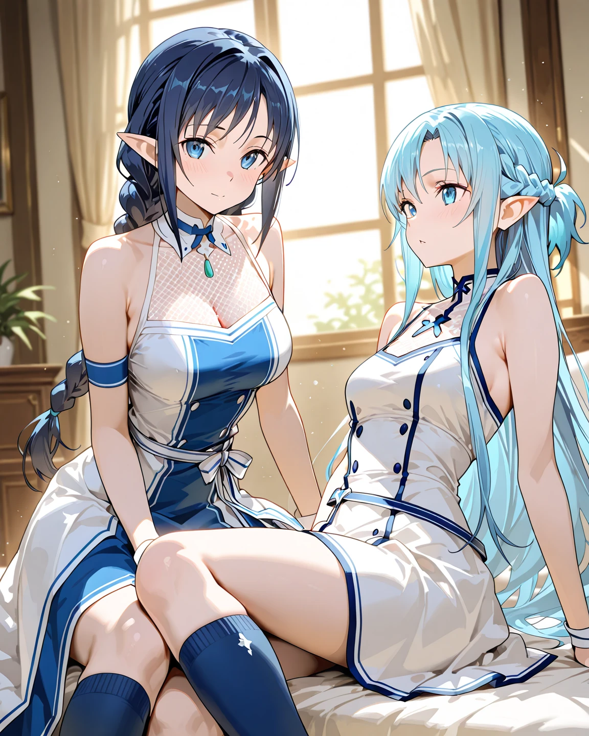 masterpiece, best quality, highres, rimuru tempest, blue hair, RED EYES, long hair, medium breasts, an adult girl, wears a very elegant, long midnight blue velvet dress for a gala dinner. The dress features an off-the-shoulder neckline and a high slit that reveals her leg, accentuating her graceful figure. She wears beautiful evening makeup, enhancing her natural beauty. Beside her is another girl with loose black hair and straight bangs, her eyes and dress a stunning emerald green. The green dress flows elegantly as they dance together in the middle of a lavish gala dinner, creating a captivating scene. Full body image, full body image, kind and generous nature, happy, SOLO, Age 15,