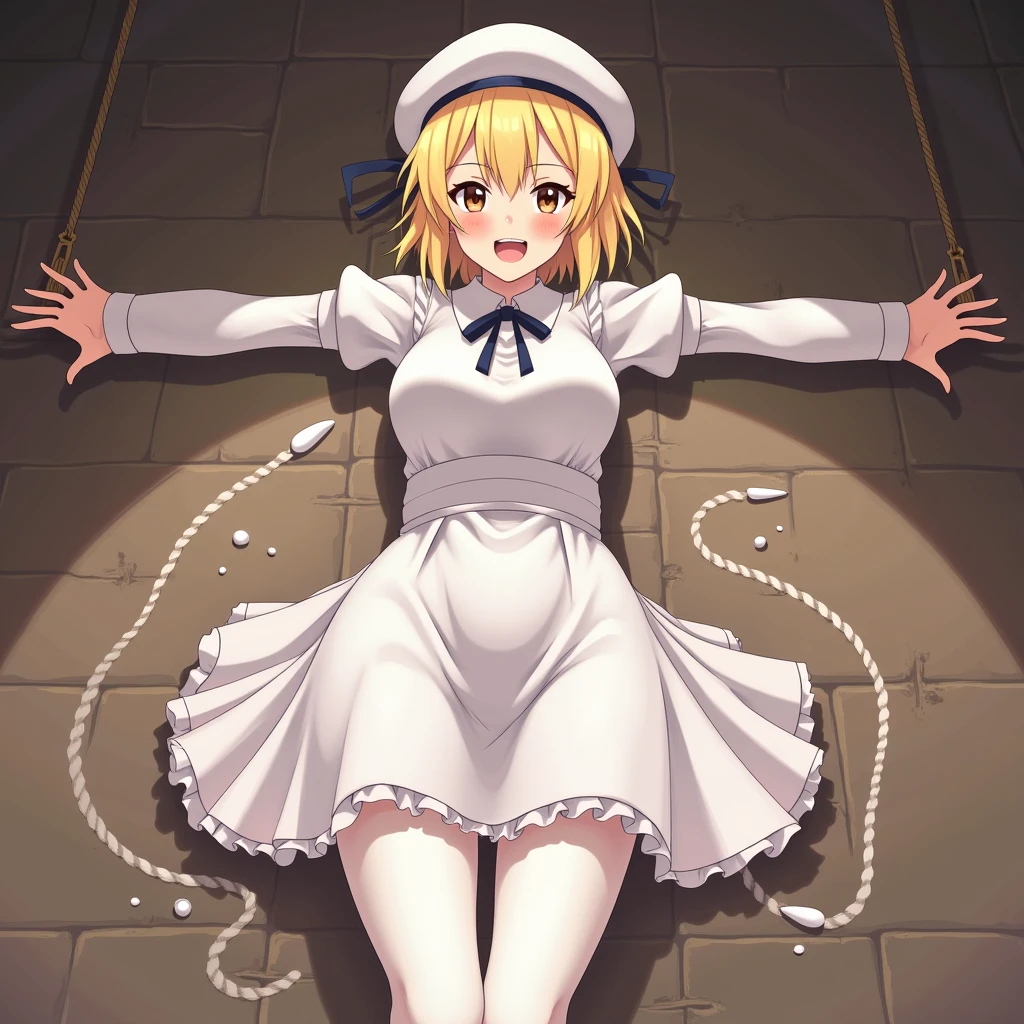 toga tied to a chair in a basement, blonde hair, restraint, bdsm, restrained legs, restrained arms, bound, bound to chair, rope, tied with ropes, medium breasts, smile, beautiful body, beautiful face, ultra detailed, highest quality, loose clothes, tied to chair with ropes, restrained body, unable to move, bondage ropes, sailor clothes, pervert, white panties, more ropes, (iwanagakotoko:0.9),(beret:1.8), embarrassed, iwanaga kotoko, cute face, female, beautiful, short hair, pervert, tied up, bondage ropes, hardcore bondage restraint, machine bondage, milking breasts, ultra high quality, 8k