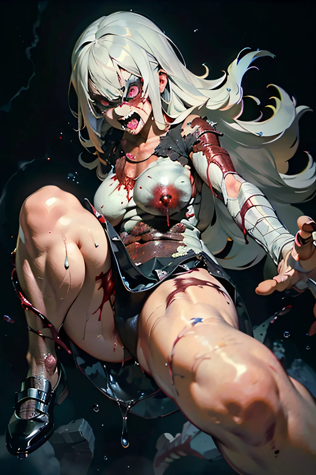 ((bloodstains)), ((respingos de bloodstains)), ((bloodstains nas roupas)), ((mancha de bloodstains)), hospital, (nurse uniform), (has an electric saw), (zombie's), absurderes, foto RAW, extremely delicate and beautiful, Masterpiece artwork, muscular woman, extremamente musculosa extremely large physique, extremely muscular legs, extremely muscular arms, extremely large physique, very muscular,best qualityer, ultra-high resolution, 32k, hyper realist, ultra-detailed, Detailed Description, skin fair, 20 year, crying mole, 耳环, Colossal, short medium hair, wavyhair, evil smile, full body shot,