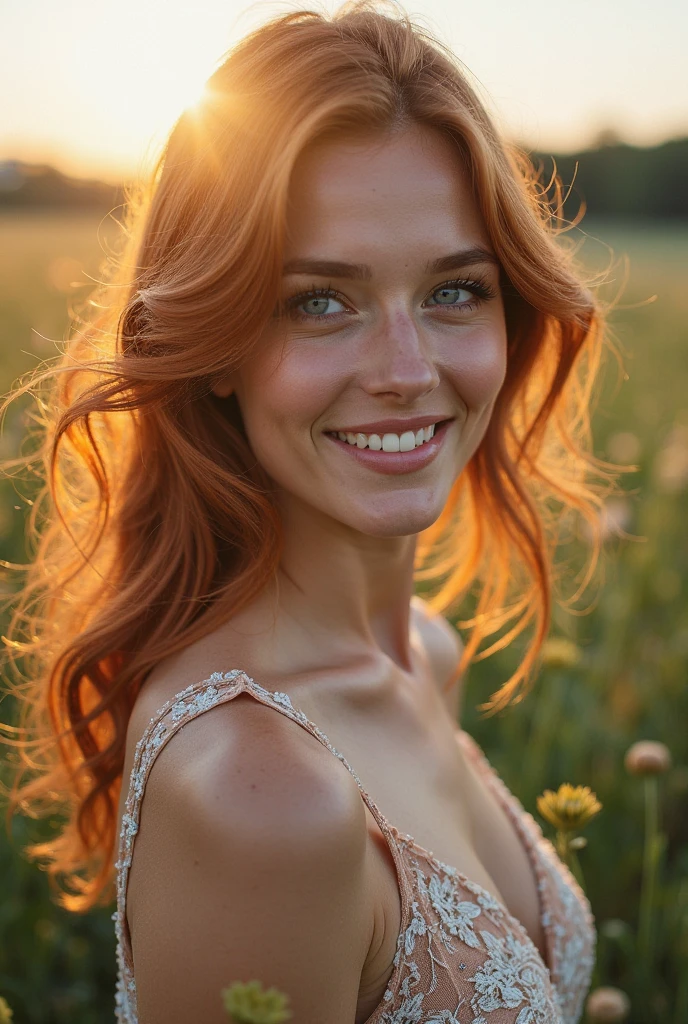 Portrait of a red-haired woman of 26 years, French, close-up chest, disjointed bustier in cream-colored linen, hands in hair, ultra detailed skin texture, sexuality, seduction, loving look, slight smile, river, rock, forest, setting sun, dynamic light, cinematic rendering, 32K, RAW