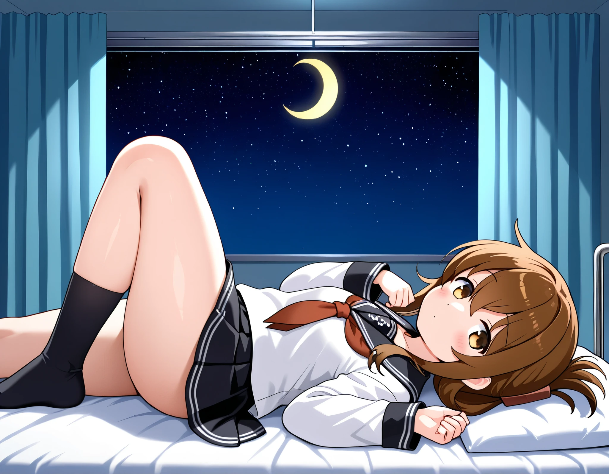 1girl, inazuma \(kancolle\), brown hair, folded ponytail, long hair, brown eyes
anchor symbol, black sailor collar, long sleeves, neckerchief, school uniform, serafuku, pleated skirt, black skirt, black socks,thick thighs,knee up,crescent moon, stars (sky),looking at viewer,Infirmary,bed,lie down on a futon,dark room,