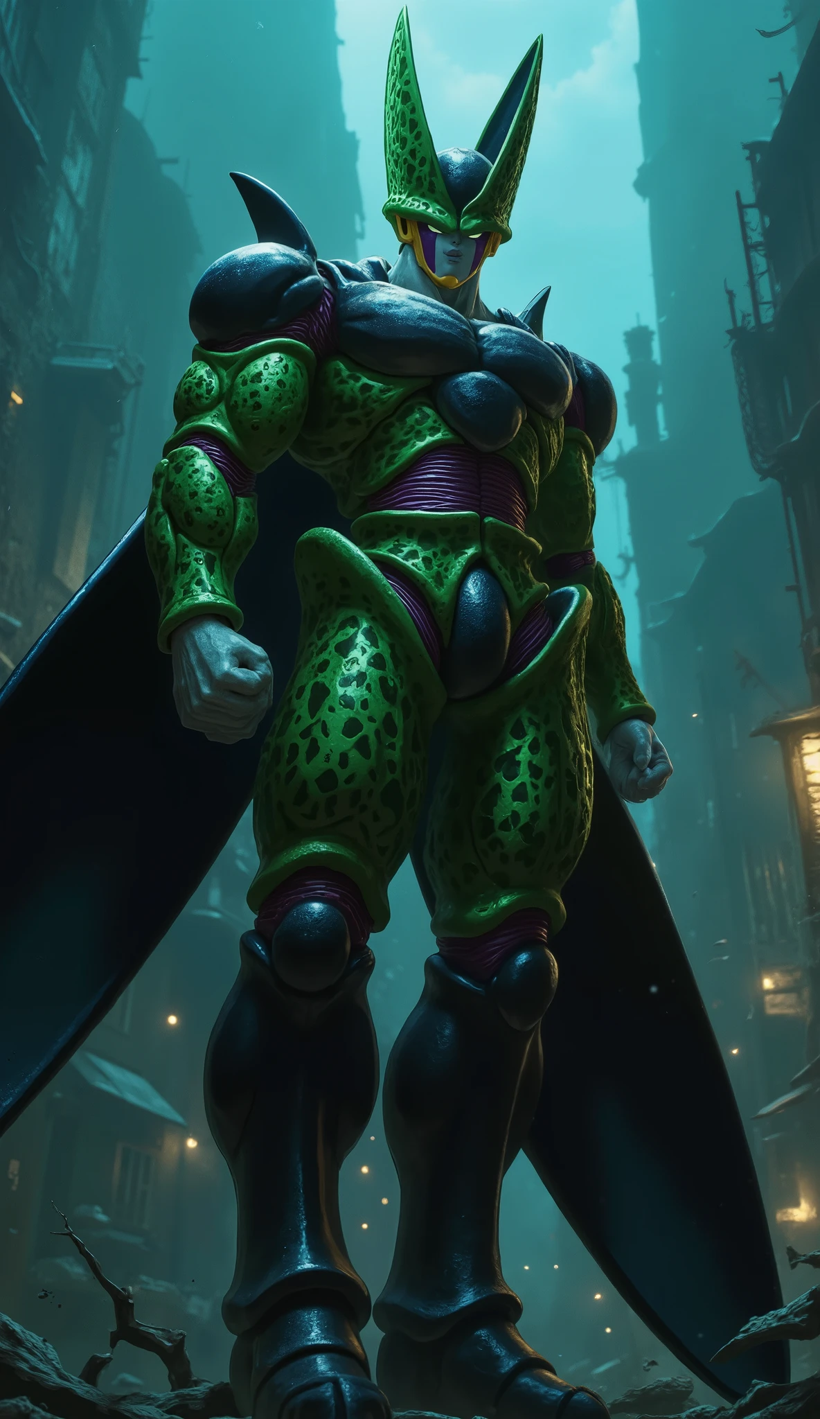 Cell's Perfect Shape emerges slowly of the dark, exoskeleton bioarmoured armoured shell shining in the dim light, flickering blue-green background light. Her penetrating , luminescent green eyes that pierce the shadows, exhibiting an ominous presence. The intricate organic textures of his face and insect-like armor are hyper-detailed, revealing subtle ridges, Fine cracks, and biomechanical patterns, Slim and muscular body, with athletic and symmetrical proportions, the torso is wide, with a well-defined chest and marked abdomen, covered by armor biological exoskeletal in appearance, de color verde con manchas black que recuerdan a un insecto, the arms are long and muscular, con antebrazos robustos y recubiertos por placas black que se extienden hasta las manos de cinco dedos. el abdomen y la zona pélvica están revestidos con placas black brillantes, that the legs are powerful and slightly insectoid, also covered by a mixture of green and black shades, with pointed knees and calves marked. The boots are part of your body, black, with organic design and slightly curved at the tip. On the back, are extended by two small, slender wings of biotechnological appearance, folded down. His wicked smile exposes razor-sharp fangs, adding to the disturbing threat. The melancholic atmosphere is enhanced by the fog that swirls in the background, faint embers gliding through the air, and a cold, creepy environment, making the scene feel cinematic and overwhelmingly realistic. hyperdetailed textures, Ultra-HD realism, Leica lens, dramatic shadows, Volumetric Lighting, RAW processing, horror cinematic aesthetic, ultra-realistic style,3d anime style, ULTRA REALISTIC, raw, depth of field (degrees of freedom), UHD, atmospheric realism, estilo raw, fullbody, Full body plan.