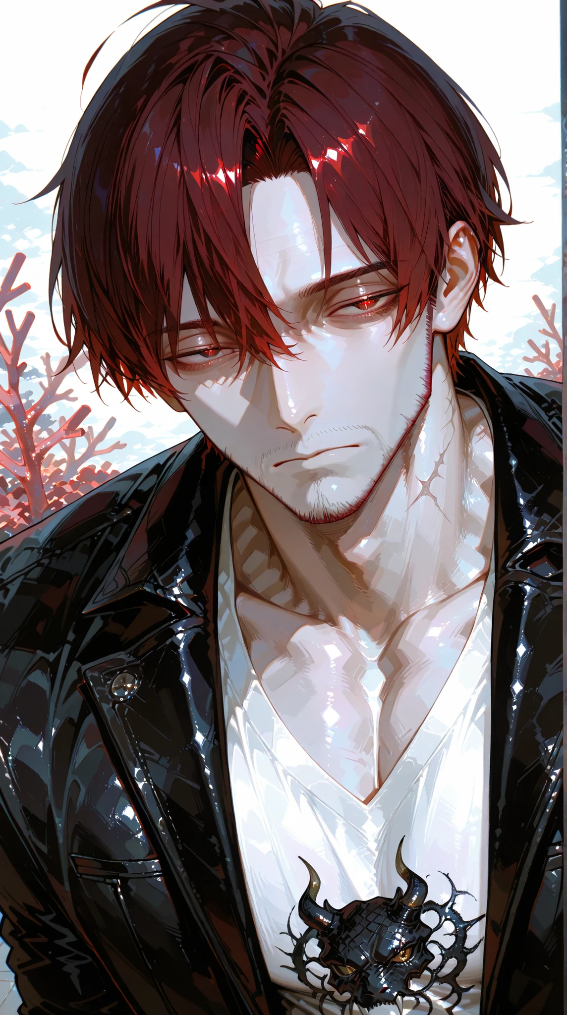 Refined Realistic Style(0.8), Master Level, EXTREME DETAILS ,Professional post-processing,Masterpiece,anime style(1.2),best quality,HIGH RESOLUTION,8K,1 male, solo, dark red hair with charcoal gray tips, coral eyes, short hair, short combed back hair, high resolution output, adult, broad shoulders, captivating, {{{beautiful eyes}}},{4K, best image quality, super accurate}, masterpieces, best image quality, detailed eyes, {{{detailed eyes, detailed pupils, detailed eye Reflections , Sharp Eyes, Detailed Iris}}}, buff, childish, thick neck, mature male, sexy, looking at the viewer, deep v-neck t-shirt, black leather formal jacket, half-closed eyes, upper torso, {{{white solid color background}}}, expressionless, single eyelid, bad boy