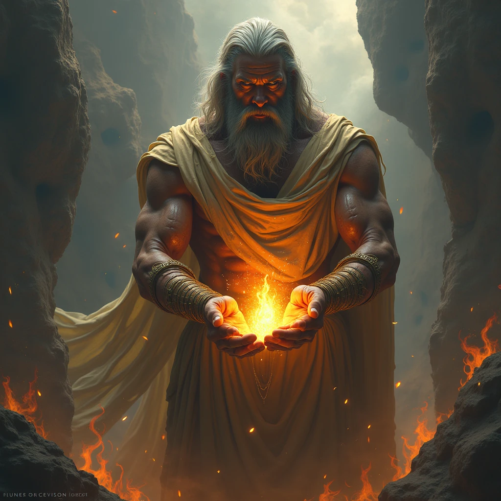 a drawing,A man sitting in the lotus position with a sword, ancient blacksmith god, the god hades, inspired by Tawaraya Sōtatsu, inspired by Masamitsu Ōta, inspired by Shūbun Tenshō, furious god Zeus, God Hephaestus, God of forging, narasimha,超高分辨率, best qualtiy, photore, 8K, (realisticlying: 1.2), cinmatic lighting, An old man like a mortal riffraff, Float on a crystal throne,Floating on a crystal cloud,yellow eyes,The throne glows brightly yellow,Gemstones float in the sky,oh, God,Flames enveloped his body, A golden glow overhead(The halo:1.2),sbeard,mascular,darkly,tmasterpiece,best qualtiy,Complicated details,Snow environment and crystal in background,Crystal Cathedral,Portal of the future,3D light,k hd,magia,God of Light,The light from the back window is backlighted,详细的脸, Funk,depth of fields,Gentle lighting,Tone-mapping,highly detailed,concept-art,Smoothness,Clear focus,Dramatic lighting,highly detailed art,cinematic ligh,8K,amazing shadows(highly detailed back ground:1.2)