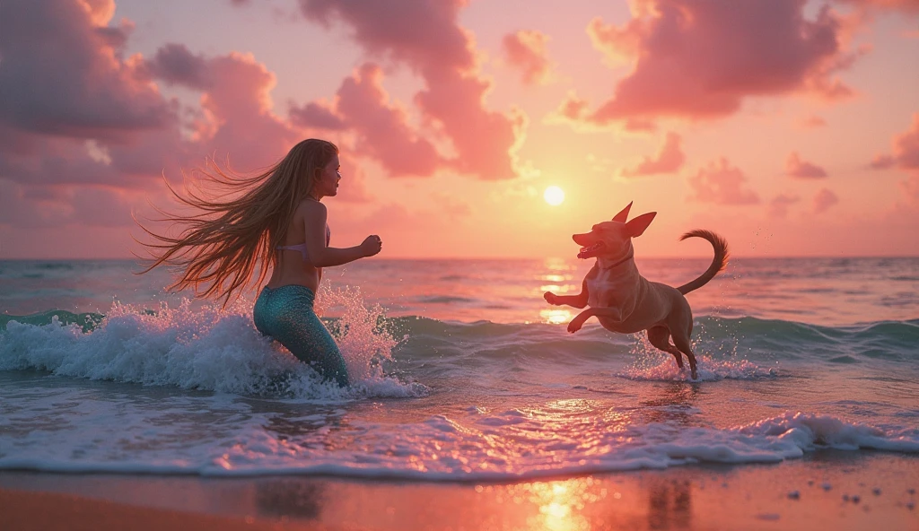 a girl with a small white dog running on a sunny beach --auto