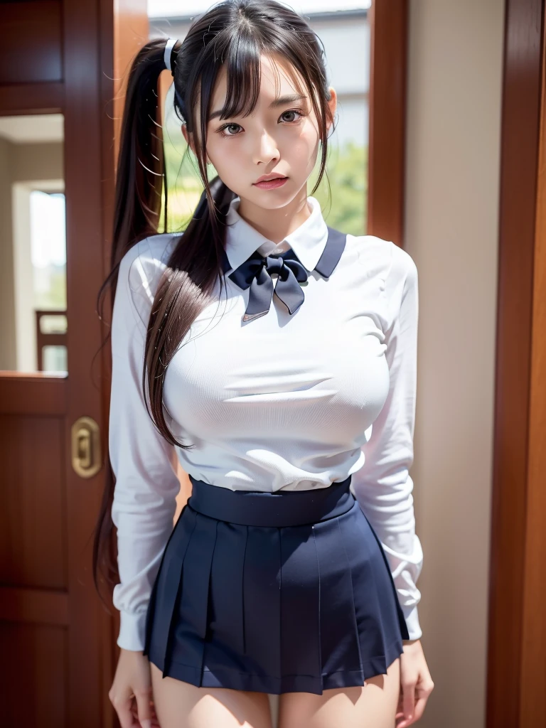 ulzzang-6500-v1.1, (highest quality, masterpiece), (raw photo: 1.2), (photorealistic: 1.4), highest quality, master, illustration, very tasty and beautiful, highly detailed CG, unity, 8k wallpaper, amazing, fine details, master masterpiece, best quality, official art, highly detailed CG unified 8k wallpaper, huge file size, Very detailed, high resolution, two girls, (snugly next to each other without separation between characters), (no breaks in a single piece), teens to thirties, (representation of the human body based on precise anatomy), intricate details, ((Japan is wearing a schoolgirl uniform with a shorter skirt length)), (neat white blouse and super mini navy blue pleated skirt), blonde, ((very large breasts )), (woman with very big), (blouse cramped and braless because of big), (big buttocks), (thin thighs), very beautiful eyes, bright ultramarine eyes, (detailed pupils reflecting light), (iris of the eye is painted with fine patterned details), natural eye shadow, realistic shading assuming a light source on the body, cute girl and mature beauty, whitening skin, baby face, (various poses before and after standing or squatting or sleeping), poses that emphasize the buttocks, blush, do not want to hide the buttocks, ecstatic look, troubled look, smile, many races, showing off plump buttocks, people who firmly believe that buttocks are important and want to show off their buttocks, touching pants with folded middle and ring fingers, bare buttocks, backward posture, long hair partially braided, Hugging and touching cheeks with people next to each other, holding hands, touching the cheeks of other subjects, (In any pose, the skirt is always twisted by the wind or hands so that the pants and buttocks are fully visible), NSFW, beautiful garden with flowers, clear sunlight,