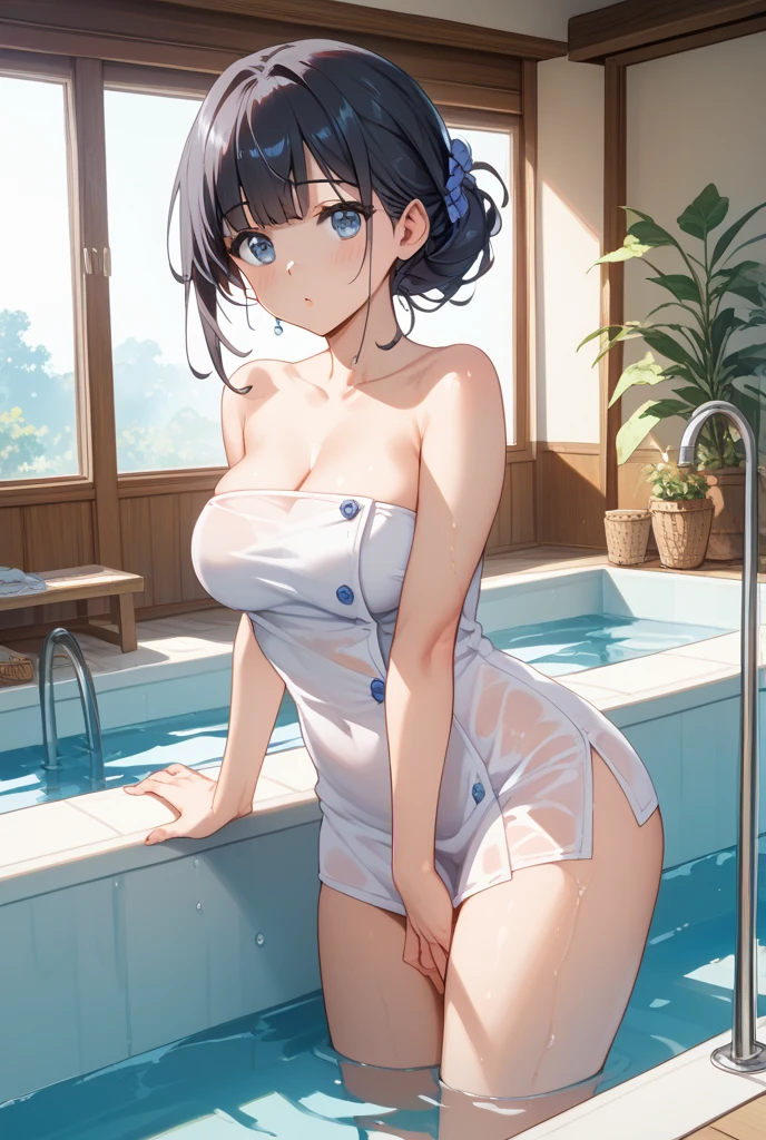 A group of women set in a medieval fantasy world、Dragon Quest、 (At the hot spring), Mr.々Hair style, Harem, night, Detailed aspect, Seduce, ((Thin bath towel:1.5))、Huge Breasts、Big Ass、wide waist width、The nipples are erect