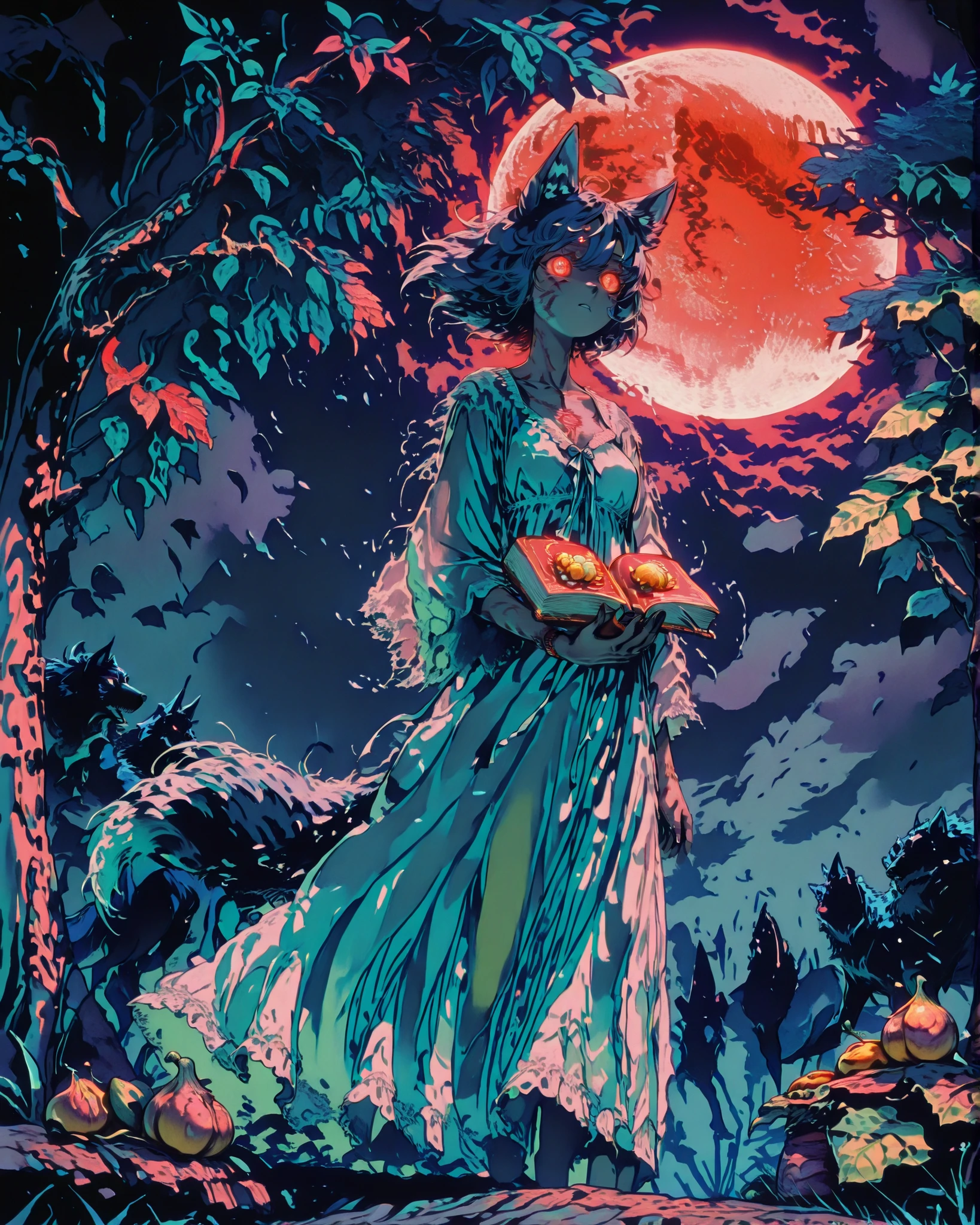 On a full moon night in a small Brazilian town, a girl in a long nightgown holds an old book of folktales. She stands under a fig tree, eyes glowing faintly. In the shadows behind her, a humanoid wolf creature watches—its fur bristled, eyes red. The wind carries howls and the tension of an ancient curse.
