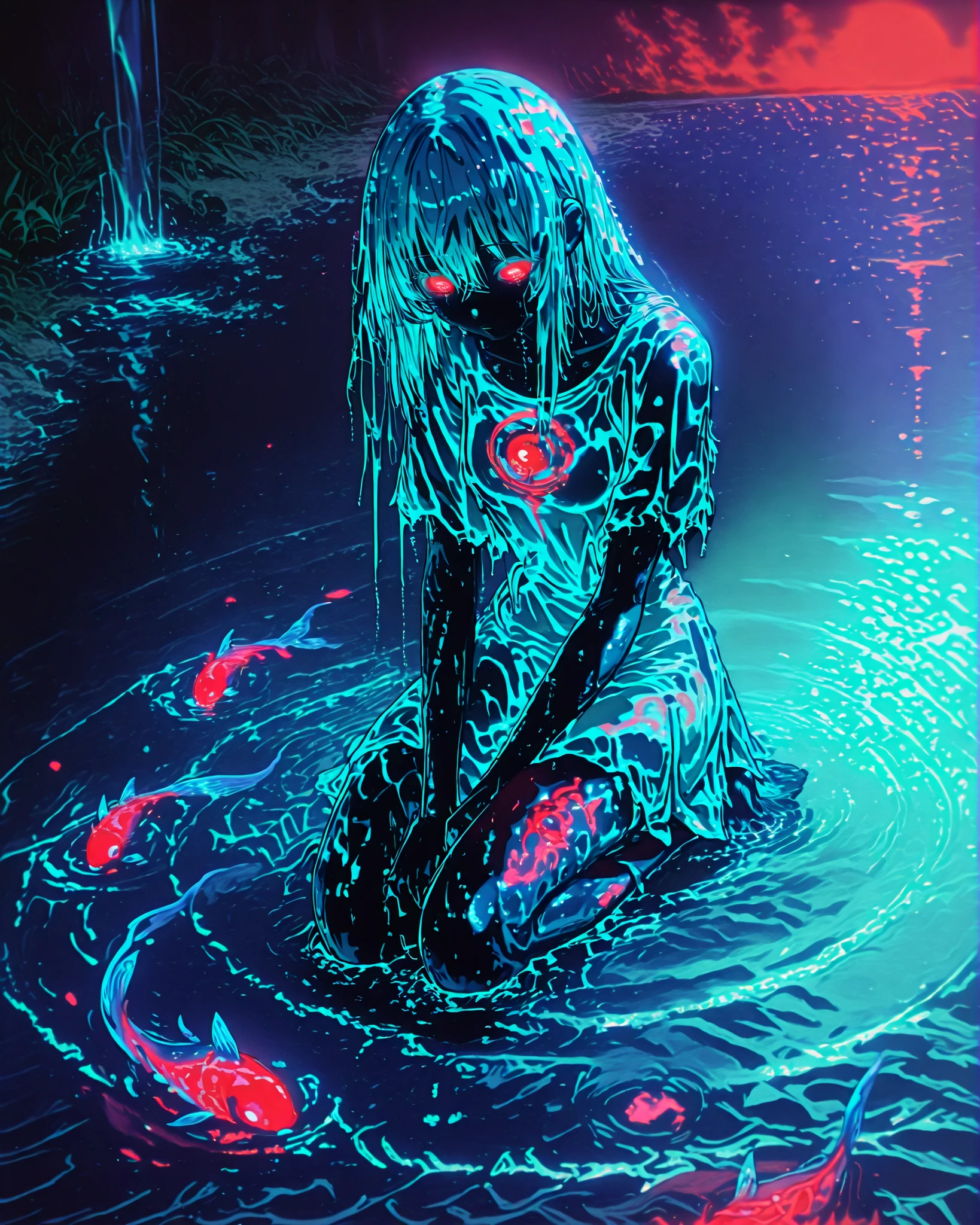In the foggy edge of a river deep in Brazil's cerrado, a ghost-story girl with wet hair and muddy feet kneels by the water. Behind her, the vague shape of the Caboclo D’Água—a half-man, half-beast river guardian—emerges from the mist. Strange ripples and glowing fish circle around them.
