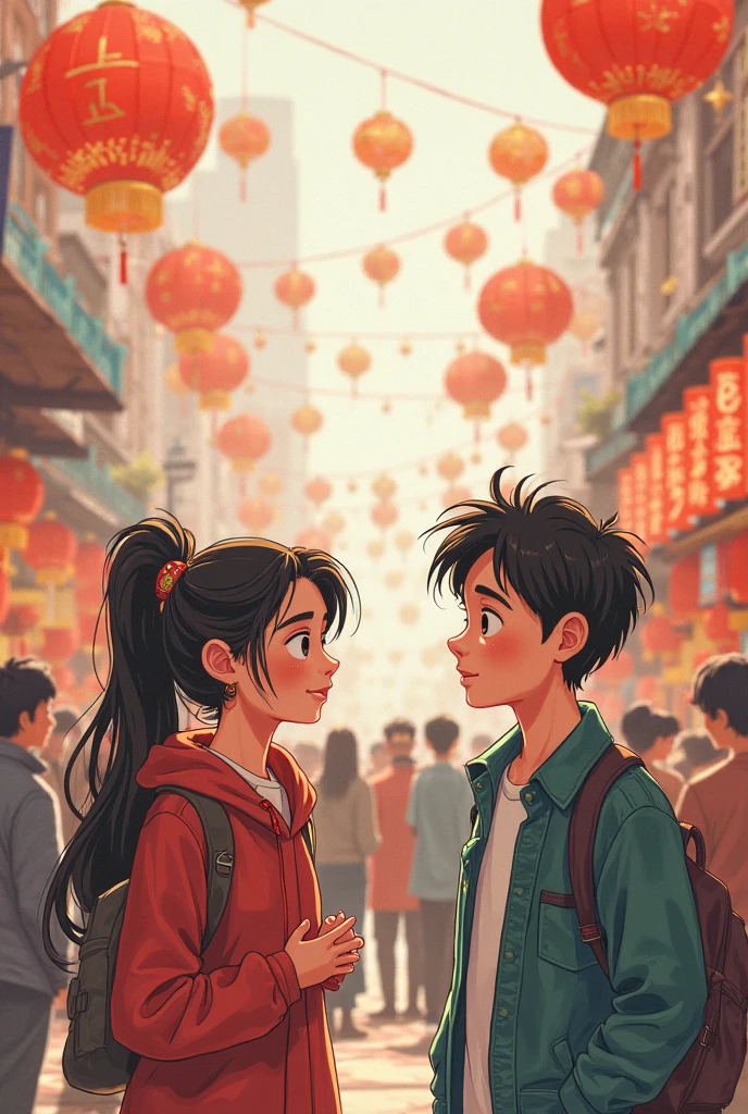 : A bustling event scene with vibrant colors and festive decorations. The boy and girl’s initial surprise and confusion, their glances filled with unspoken recognition and nostalgia.