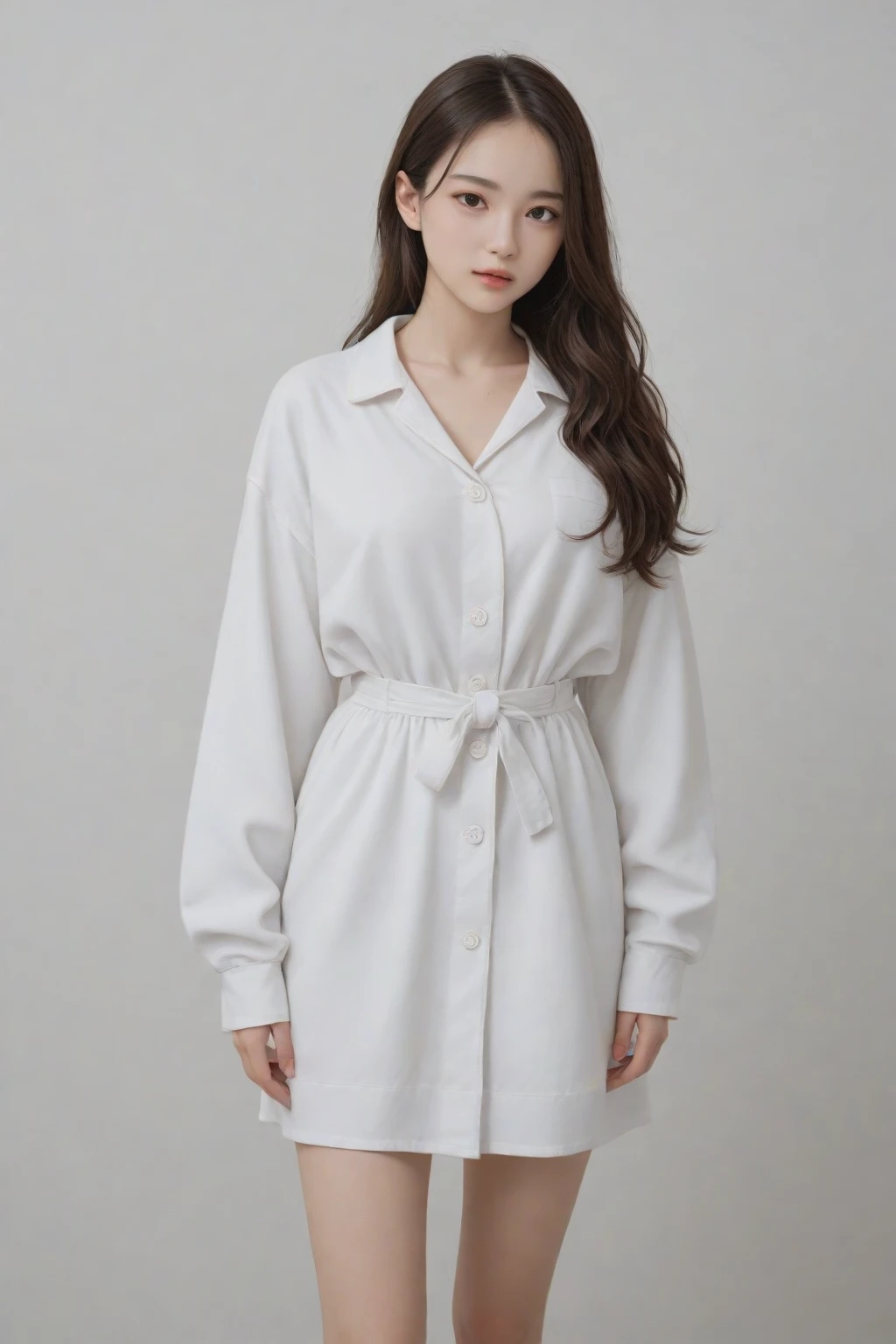 (top-quality、16K resolution)女の子1人、独奏、natural soft light、A Japanese Lady、Looking at the camera、Concrete background、Facing the front、is standing、long、Woman in her late teens、Light bangs、Salon model、Natural look、portlate、floated hair、