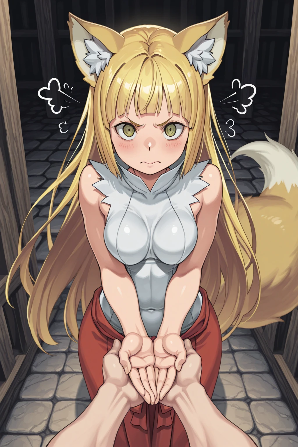 Anime. 1 girl. Baby. Kitsune. Blonde. Long hair. Blue eyes. Beautiful eyes. Perfect eyes. Expressive eyes. Blind eyes. Blind. Ideal face. Ideal anatomical body. Beautiful long legs. Beautiful body. Beautiful nose. Fox ears. Fox's tail. 12 years old. Embarrassment. Blush. Beautiful character design. Shiny skin. Dirty tunic. Torn Tunic. Slave. Collar. Shackles. On a chain. No panties. Barefoot. White cane in hand. Hand on crotch. Urinary incontinence. She wants to pee. She needs to pee. She has a strong, desperate urge to pee. He squeezes his crotch tightly. Rubbing the crotch. Slight forward bend. She peed herself. The girl can't stand straight. She pees standing up. She peed herself while standing in the raov market. Middle Ages. Fantasy. City. Town Square. Slave market. Tears on eyes. Cry. Snot flows from the nose. Whole body. nsfw. Official art. Extremely detailed CG Unity 8k wallpaper. Ideal lighting. Ultra high resolution 4K. Super detailed 8K. A high resolution.