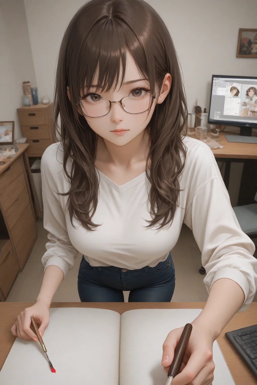 NSFW,thighs shot,((she is reading:1.5,looking at the open book in hand:1.5)),(skinn body:1.2),slim body,8k,masterpiece,character focus,ultra detailed,(1 cute Girl,small breasts),glistening skin,(detailed black eyes:1.2,red rimmed glasses),professional lighting,((dynamic angle:1.5,dynamic posing:1.5)),park,outdoor:1.5,dazzling sunlight:1.2,HIGH Quality,
BREAK
brown long hair,14 years old,((open clothes, areola, no wear, bare breasts, bare, bare navel, bare legs, bare arms, unclad)),