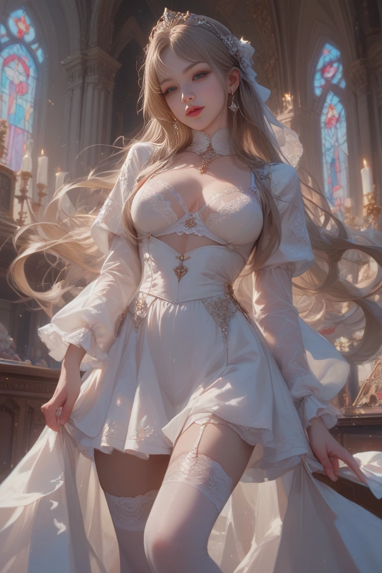 1 girl, Princess peach, Boosette, white hair, extremely long hair, purple eyes, soft, soft light, delicate, frills, vagina, dripping wet cum, (exposed breasts, nipples), frilly choker, frilly white dress, messy hair, laying down, parted lips, sexy pose, open mouth, bows in hair, presenting, white thighhighs, (blushing), feet together, crown, ballroom gown, hands together, leaning backwards, high heels, sad and scared
