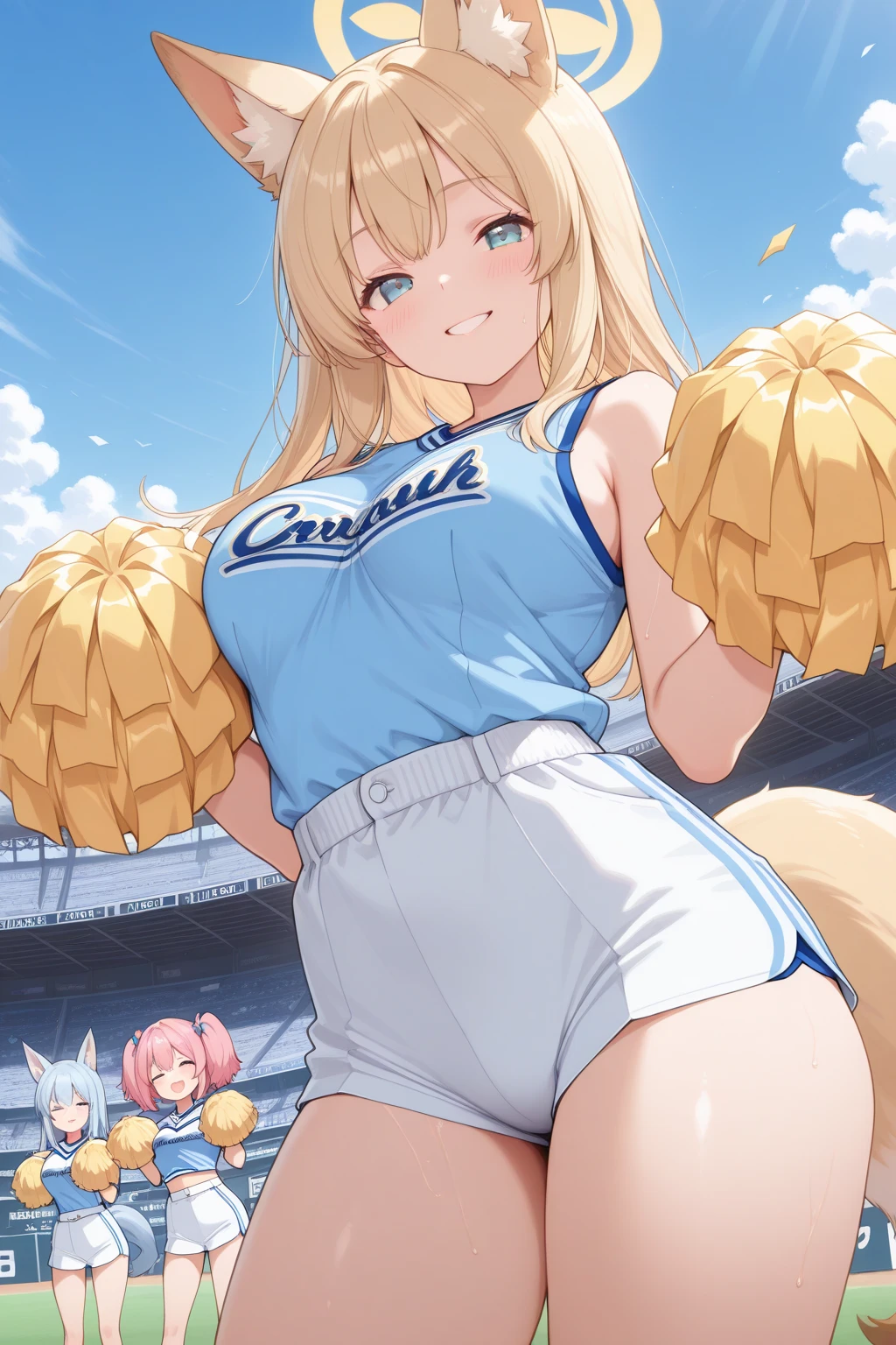 1 girl,fox tail,fox ear,blonde short hair,big breasts,cheerleader, holding pom poms,cowgirl position,slit pupils,open clothes,;d,cum on breasts,