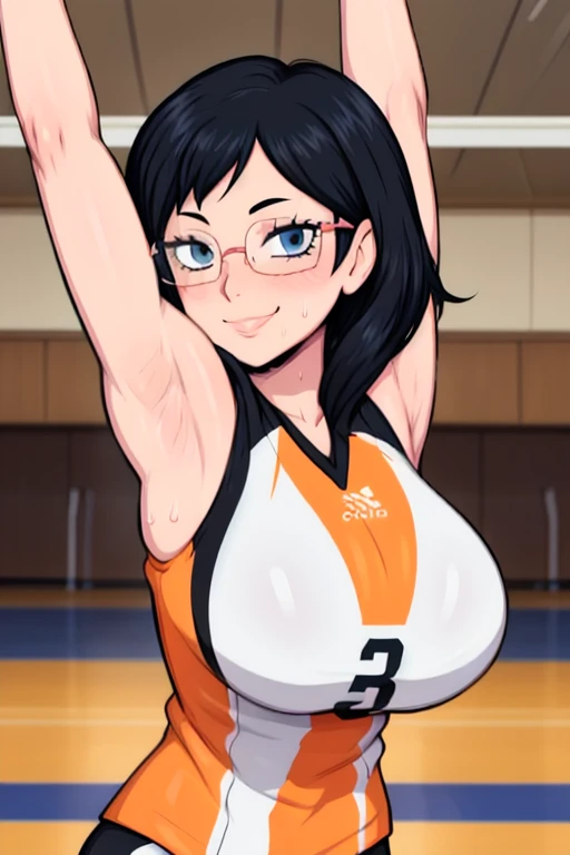masterpiece, best quality, shimizu kiyoko, looking at viewer, cum on her face, seductive smile, volleyball uniform, large breasts, gangbang, wearing glasses