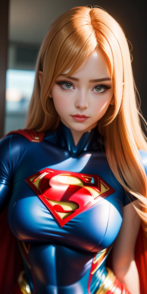 ((Realistic Lighting, Best Quality, 8K, Masterpiece)), Focus, 1girl, Perfectly shaped Chinese beauty, Fine abs, ((blonde hair)), (Latex supergirl costume: 1.4), (Outdoor, Night), City streets, Super thin face, Thin eyes, Double eyelids, Latex miniskirt, (Black socks over the knee)