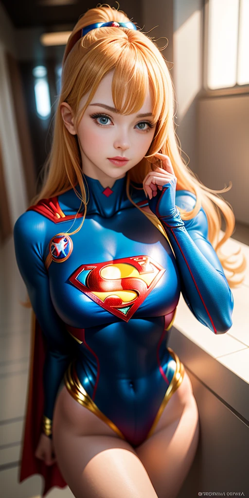 Woman defined body,blonde hair,21 years old,big breasts,Supergirl costume dress