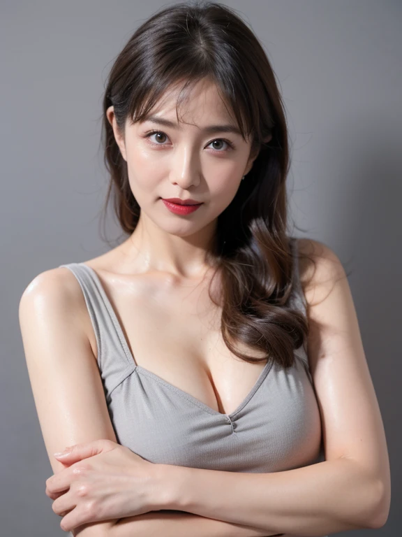 ((Best image quality, 8k, masterpiece:1.3)), A 50-year-old woman, Mature woman with wrinkles on her face:1.3, (Casual Hairstyles, Big Breastsの漏れなし:1.4), Nasolabial folds、Elderly, Low-cut bra,Ultra-fine face, Detailed eyes, double eyelid,smile,Small waist,Big Breasts,close,Chest close-up,White skin,Casual background,whole body
