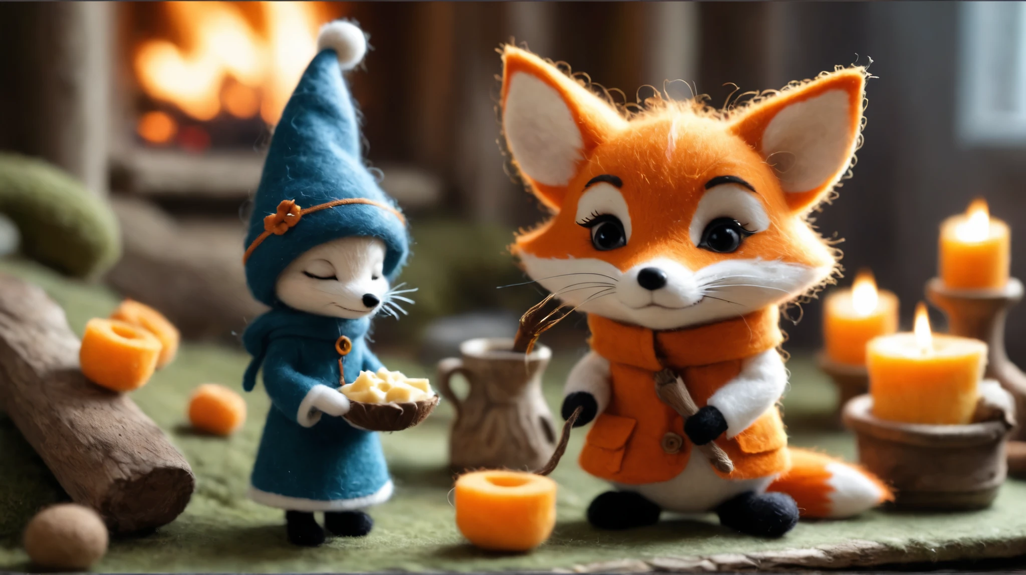 Felt-World\(style\), A fox sharing cheese with a mouse. cozy, fire in hearth, fairytale, abbey, monk, church