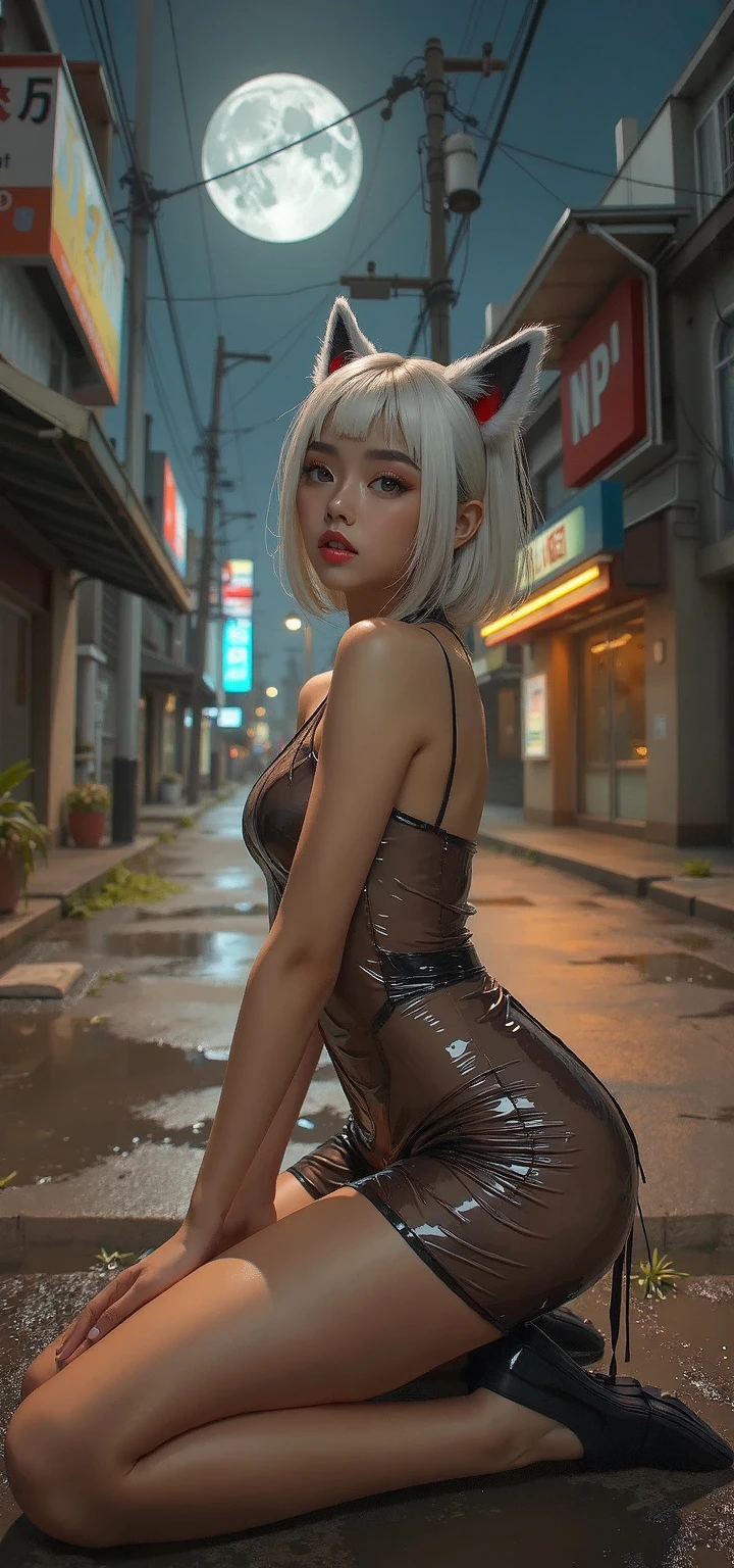 In the center of the image is the、It depicts a beautiful Japanese girl with short silver hair and cosmic beauty.。She is wearing a white lace bodysuit、The design is very ingenious、It fits snugly to the body。The back of the bodysuit is woven with strings.、Very elegant。On her legs she wears white lace-up boots.、The boots are also very stylish.。
she sits on the ground、Her back is leaning against a neon light pole。The neon lights emit strong red and orange light.、The light illuminates her skin.。The neon lights are very bright、It adds a warm tone to her skin.。Her expression is a little sad、His eyes seem to be looking into the distance.。
A part of the city is depicted in the background.、There is graffiti on the wall。Graffiti is painted with black and white spray paint.、Urban Desolation々It creates a lovely atmosphere.。The walls themselves are a bit old、Place々Rust and dirt are visible on。
The use of light is very effective、The contrast between the bright neon lights and the dark background is clear.。The light shines on her hair and skin.、Reflected in the costume、It gives the whole piece a dramatic feel.。moreover、Her skin has areas that reflect the neon light and areas that are in shadow.、It is very three-dimensionally drawn.。
This image is、It captures a quiet moment in a corner of the city,、Has a strong visual impact。Her fashion and neon lights、The city background blends in beautifully.、It creates a very fascinating scene.。This piece is packed with modern and artistic elements that users love.。