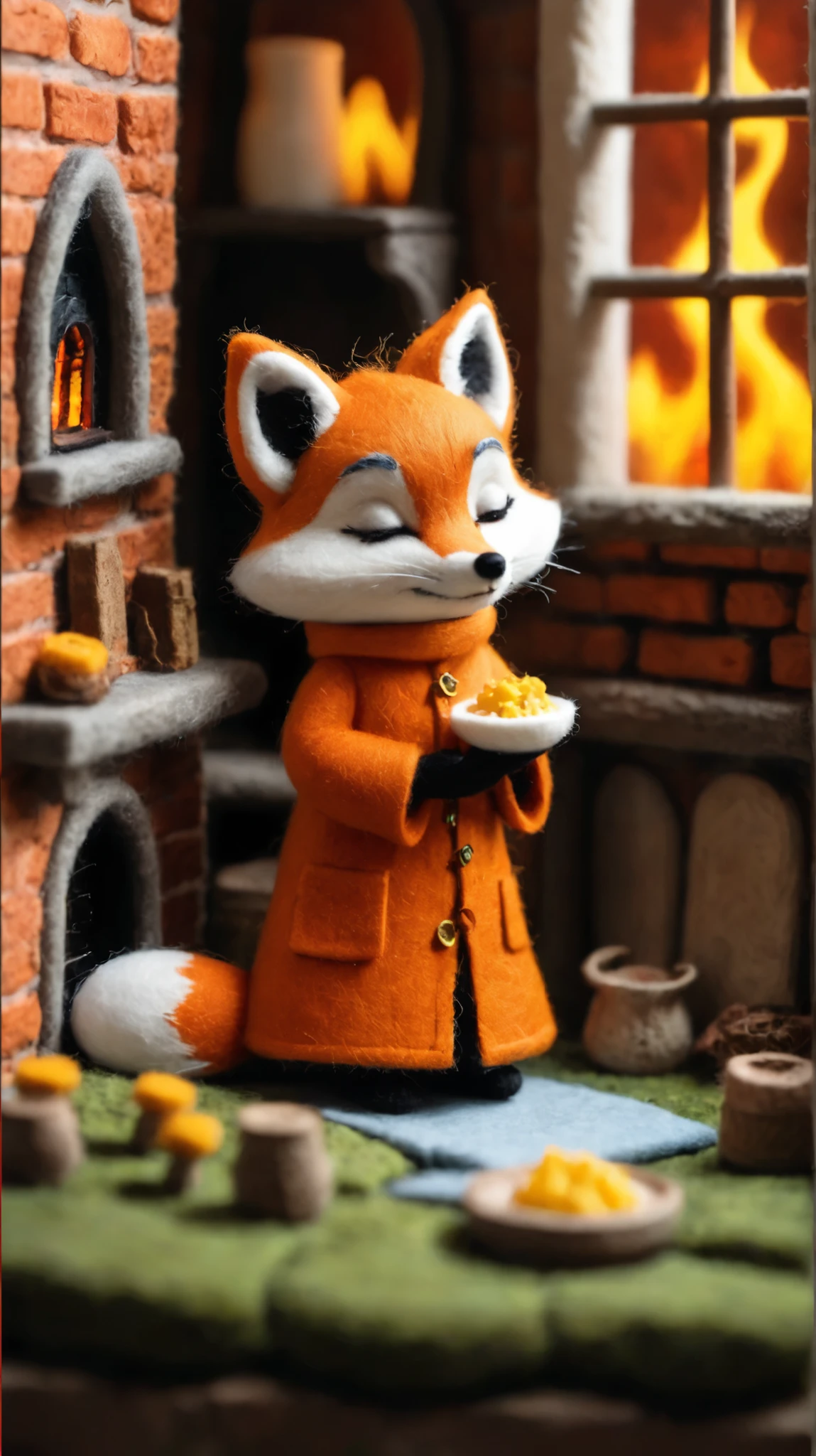 Felt-World\(style\), A fox sharing cheese with a mouse. red brick, cozy, fire in hearth, fairytale, abbey, monk, church