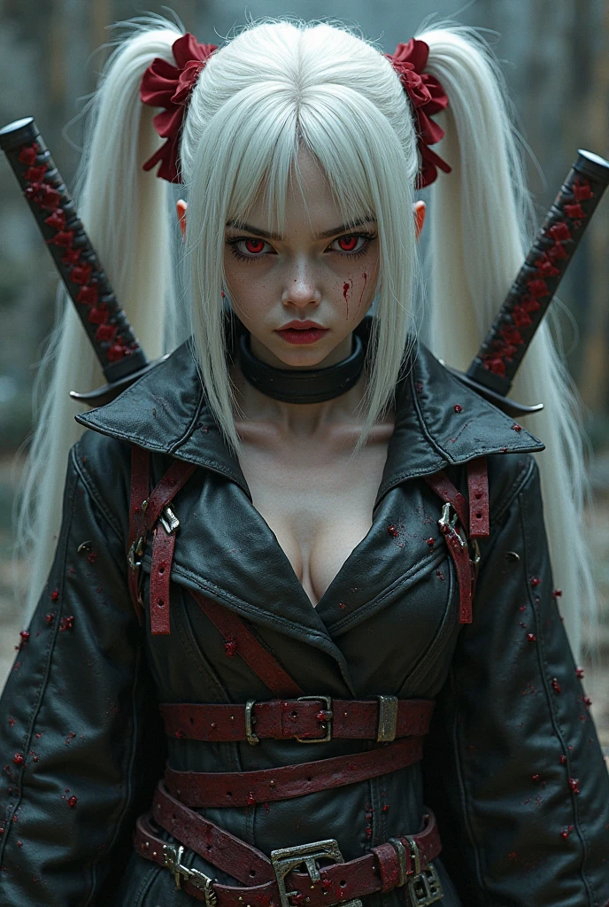 1girl, knight, white hair, red eyes, red moon, blood, long sword