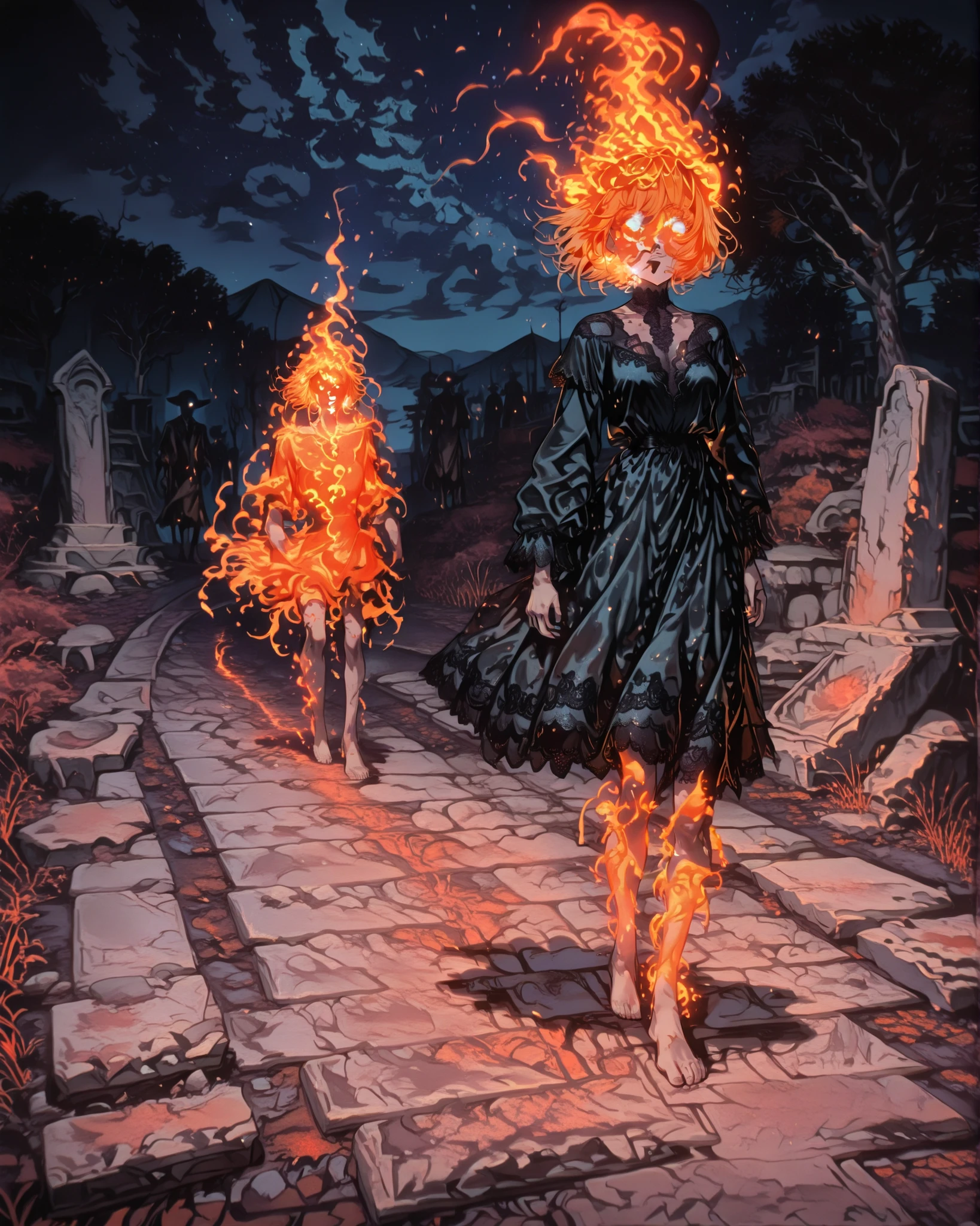 In a dusty rural village at night, a barefoot Brazilian girl in a vintage lace dress stands on an old stone road, telling a tale. Behind her, the spectral image of the Headless Mule burns with ghostly flames, rearing in the dark. The sky glows orange from the embers, casting shadows across an abandoned chapel
