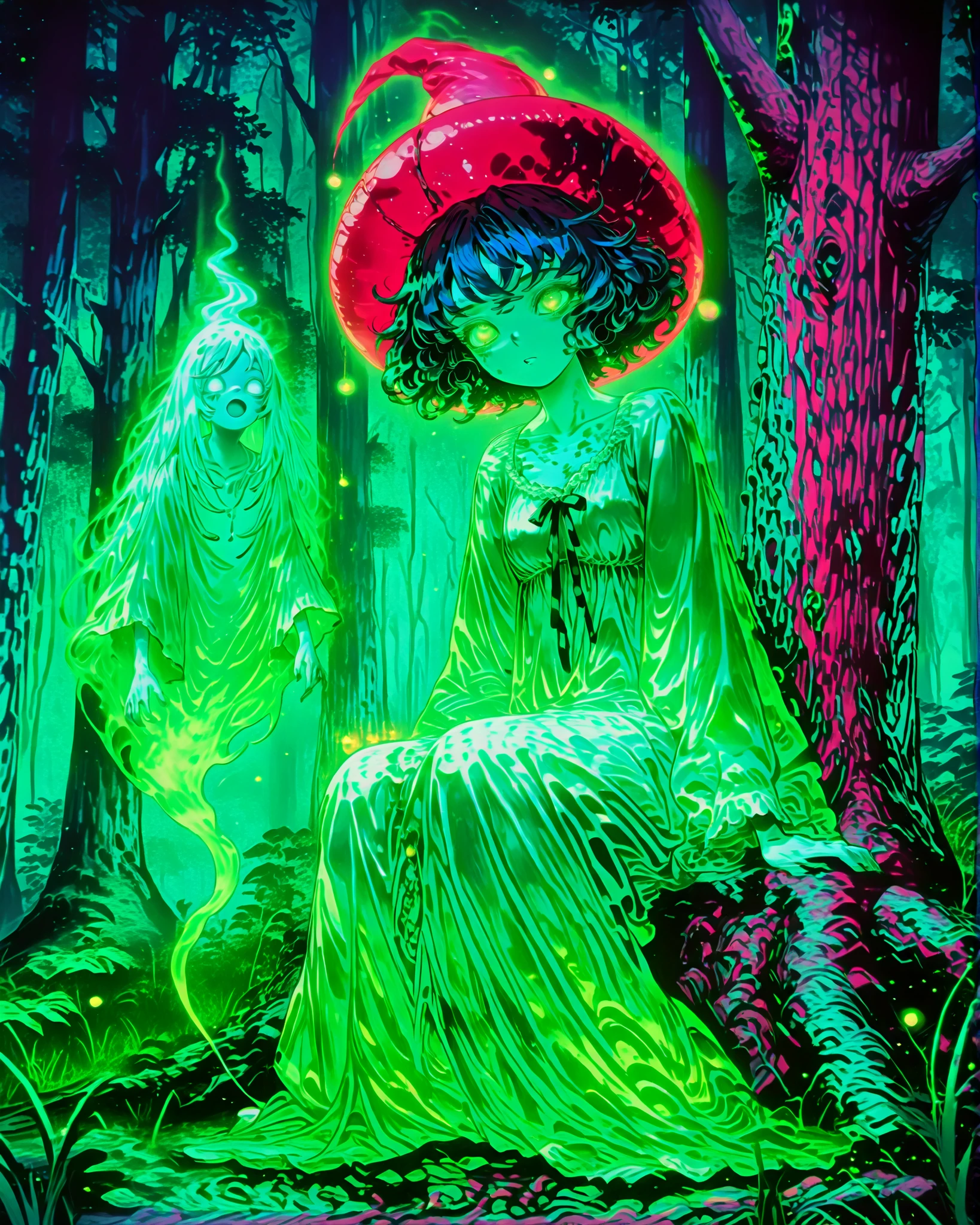 A Brazilian ghost-story girl with dark curly hair, wearing a long white nightgown and sitting under a huge ancient tree in the forest. A red magical cap floats beside her, and a shadowy, one-legged figure—Saci-Pererê—swirls in a whirlwind of leaves behind her. Fireflies illuminate the scene with a mystical green glow
