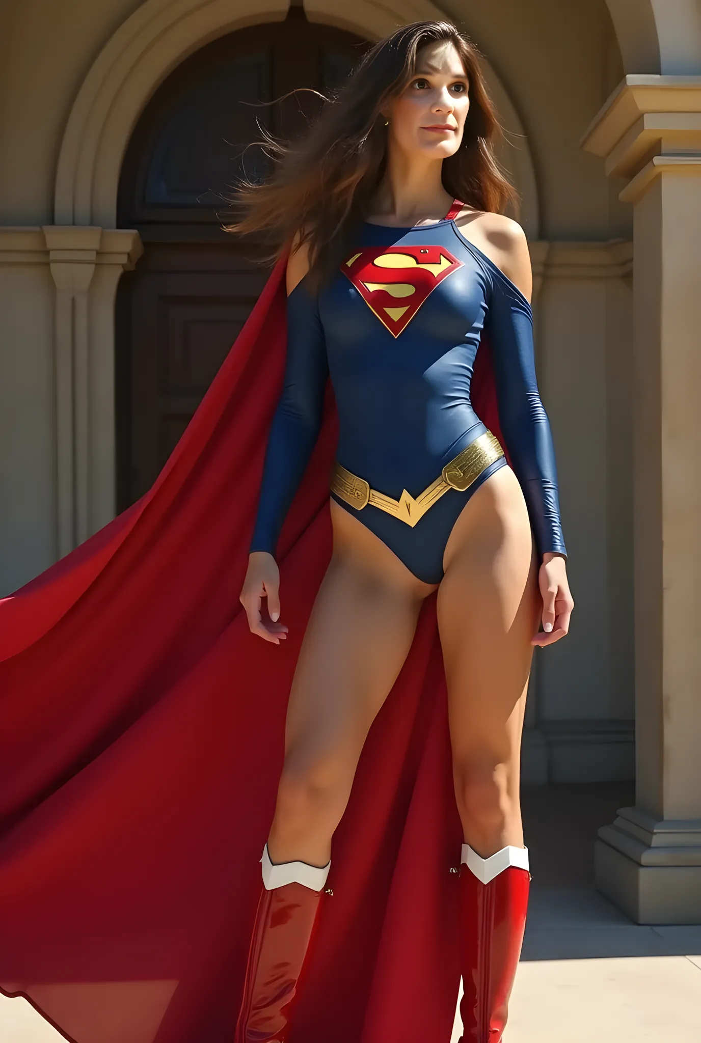 RAW, Best quality, high resolution, realistic, masterpiece: 1.3), emma watson as Supergirl, black hair, perfect nose,perfect lips, perfect eyes, smiling, detail :1.2),1 supergirl in short red skirt, shinny blue skinsuit, full body image detail, watery eyes, RAW, Best quality, high resolution, masterpiece, soft smile, sitting high on a mountain ledge, spread legs wide open showing white lace panties, red skirt, show cameltoe, medium thick thigh, provocative pose, outdoor Switzerland, cold and cloudy weather, full body picture.