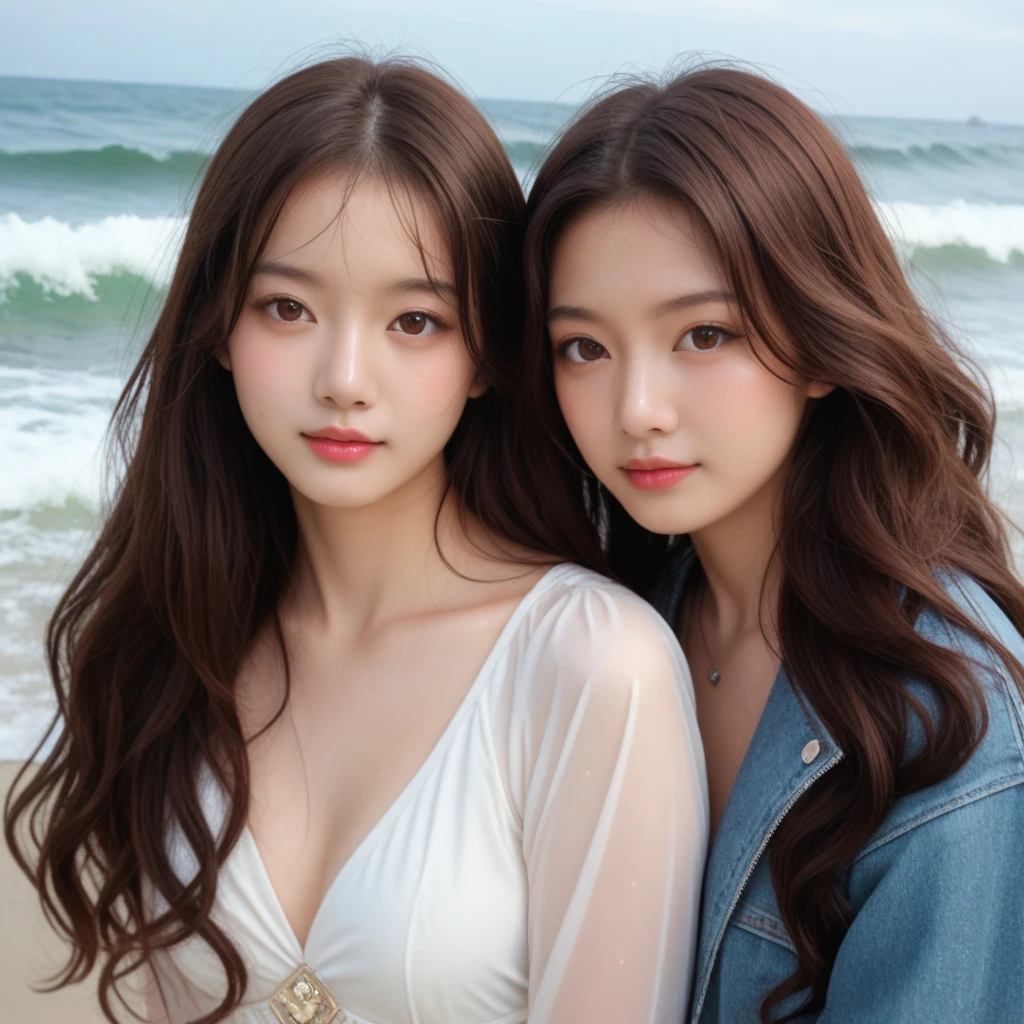 Woman of about thirty years, long wavy hair, violet eyes, freckles, reddish lips, wearing rings on the ears, reddish hair, age margin 27-33).warm colors, beachy climate