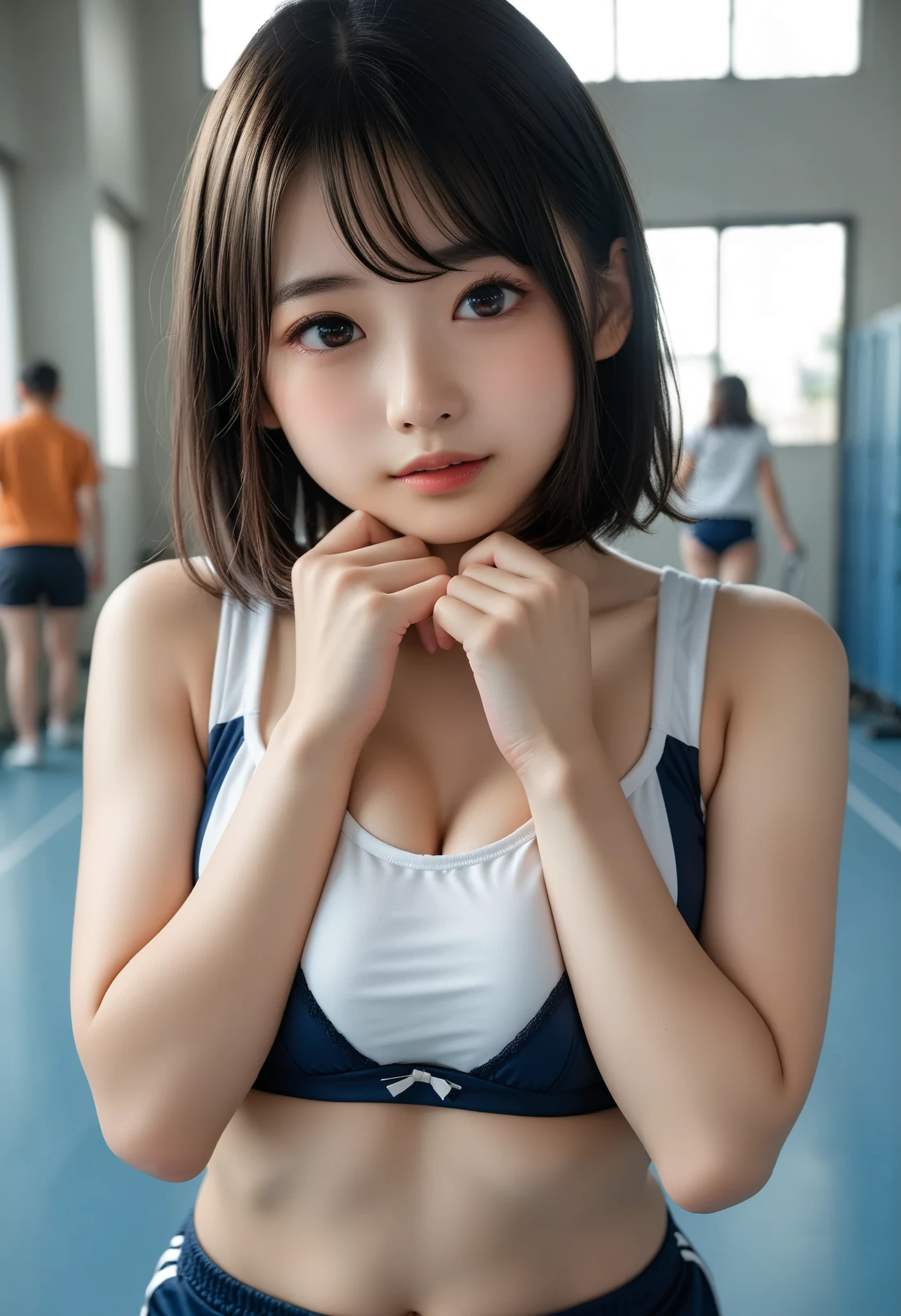 all girls hands on own chests, score_9, score_8_up, score_7_up, rating_explicit, masterpiece, best quality, (hyper realistic, photo realistic:1.2), ultra high-res, real skin, cowboy shot, 
BREAK straight-on, sanding in a row, white gym wear, short sleeves, clothes lift, short sleeves, clothes pulled up, bras lined up with perfect breasts for the viewer, (all hands on chests completely), high-cut navy buruma, perfect look at viewer with very admired, at gymnasium of school, 
BREAK (very cute face, Japanese face:1.2), idol face, perfect anatomy,