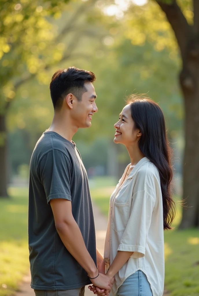 A smiling couple in a park at sunset, holding hands, hair fluttering in the wind, expressing happiness and eternal love, Photography, 50mm f/1.8 lens, with the sun creating a golden halo around them, --air 16:9 --v 5