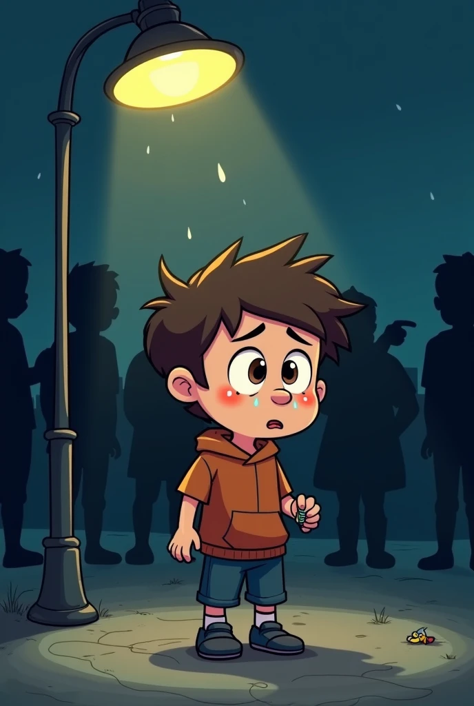 ((solo, 1boy, chibi, large head)), full body, standing, green hoodie, blue pants, short hair, dark brown hair,, ((peeing self, wetting self, pee stains, puddle)) shocked expression, crying, looking down, clenching teeth, sweating, night time, park background, under street lights, starry sky, outdoors, seen from below, dynamic angle, blushing,