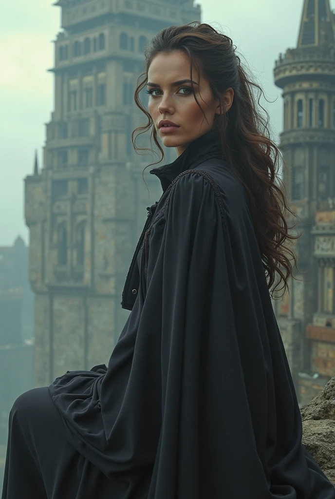 a beautiful woman with long brown hair, wearing a black shirt, black pants, and a black scarf, with a sword at her waist, highly detailed, photorealistic, 8k, hyperrealistic, masterpiece, cinematic lighting, realistic skin texture, volumetric fog, epic fantasy scene, dramatic angle, dramatic lighting