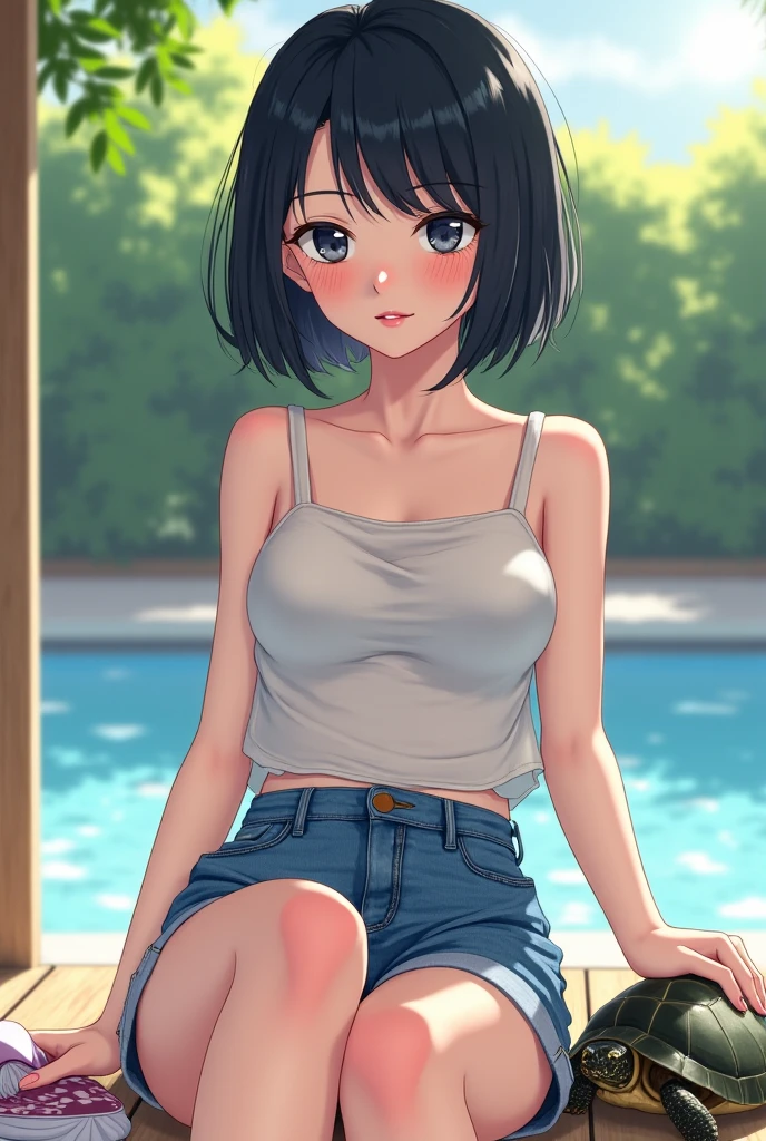 (extremely details CG, Unity, 8K Wallpaper extremely delicate and beautiful), (​masterpiece), (top-quality:1.0), (超A high resolution:1.0), ((perfect proportion shot:1.0)), beautiful vibrant lighting, realistic shadow, [high resolution], round cute face, round brown eyes, soft angled brow, 17 years old, shy, smile, timid, scared, ((black hair)), ((pixie bob cut very short hair)), glasses (((medium breasts size))), plumpy body shape, cafe, drinking coffee, ((yellow tanktop)), short jeans, sitting on cafe sofa outdoor, ((waist up shot)))